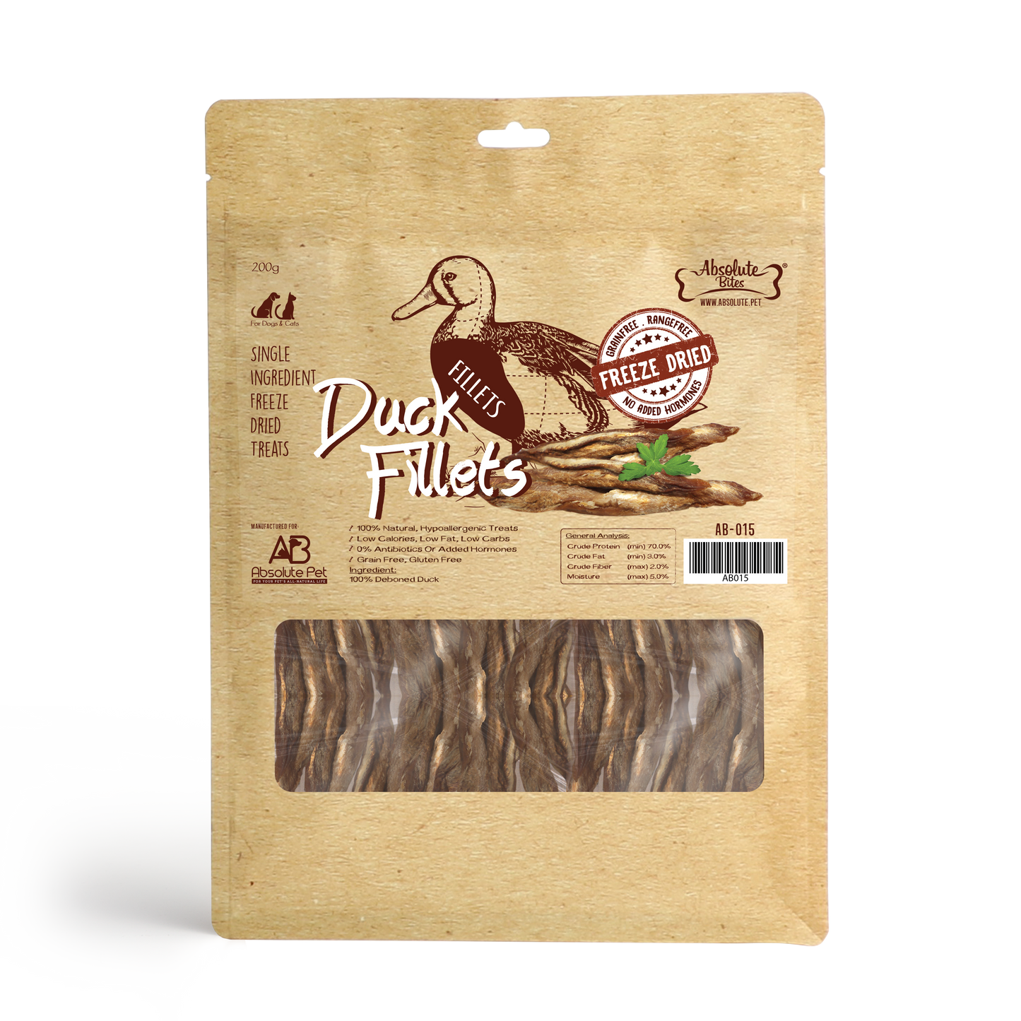Absolute Bites Freeze Dried Duck Fillet Dog & Cat Treats (Large Bag) 200g