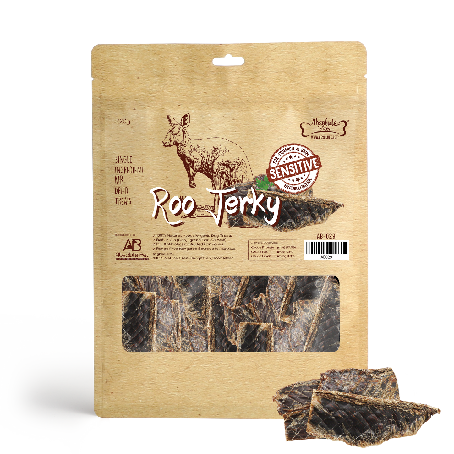 Absolute Bites Air Dried Roo Jerky Dog Treats (Large Bag) 220g