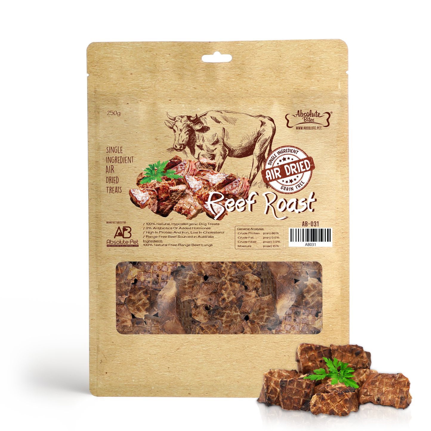 Absolute Bites Air Dried Beef Roast Dog Treats (Large Bag) 250g