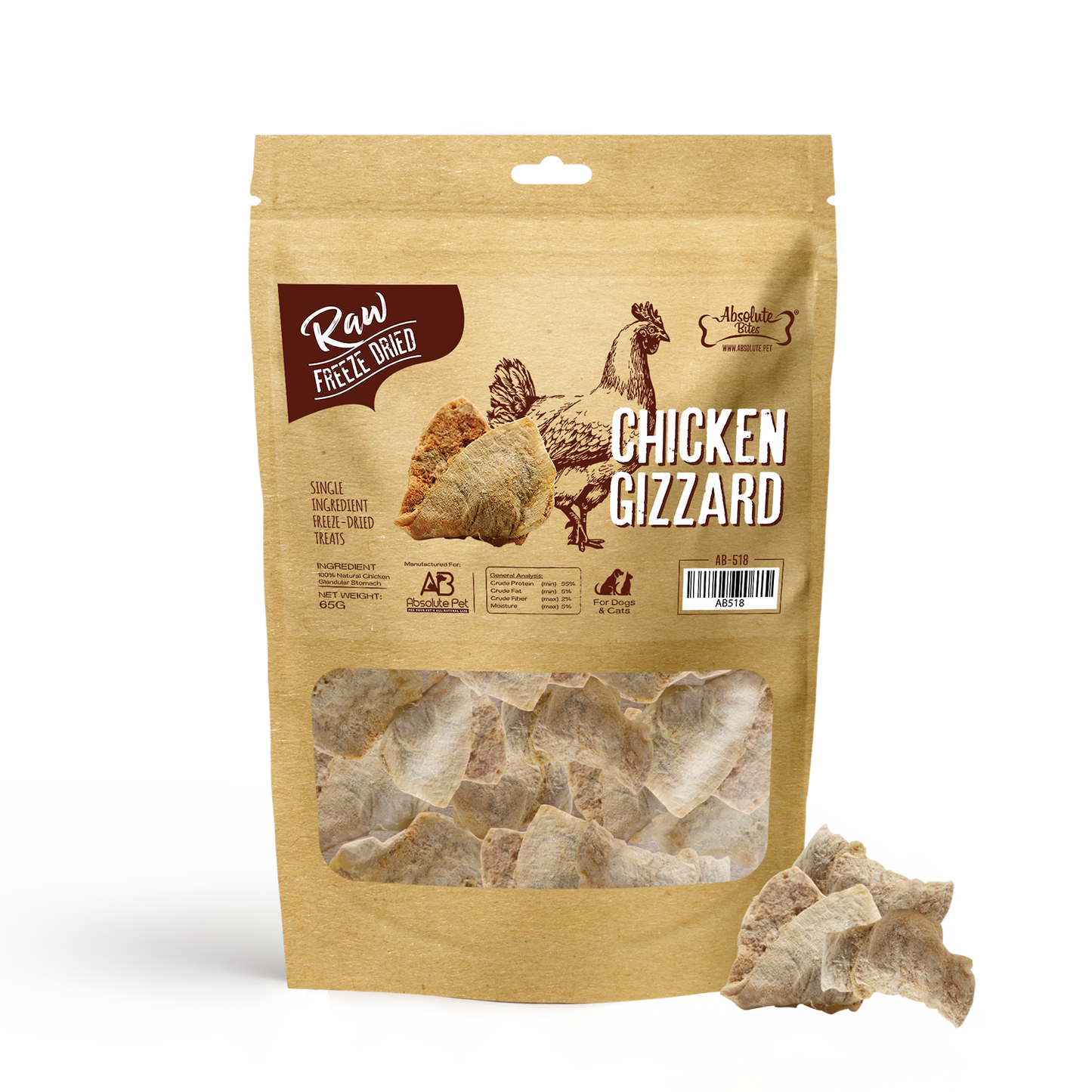 Absolute Bites Freeze Dried Chicken Gizzard Dog & Cat Treats (Small Bag) 65g