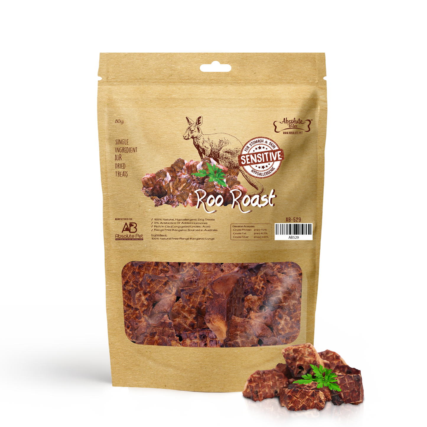Absolute Bites Air Dried Roo Roast Dog Treats (Small Bag) 80g