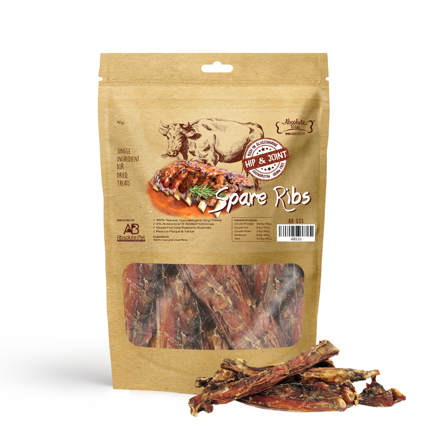 Absolute Bites Air Dried Veal Spare Ribs Dog Treats (Small Bag) 90g