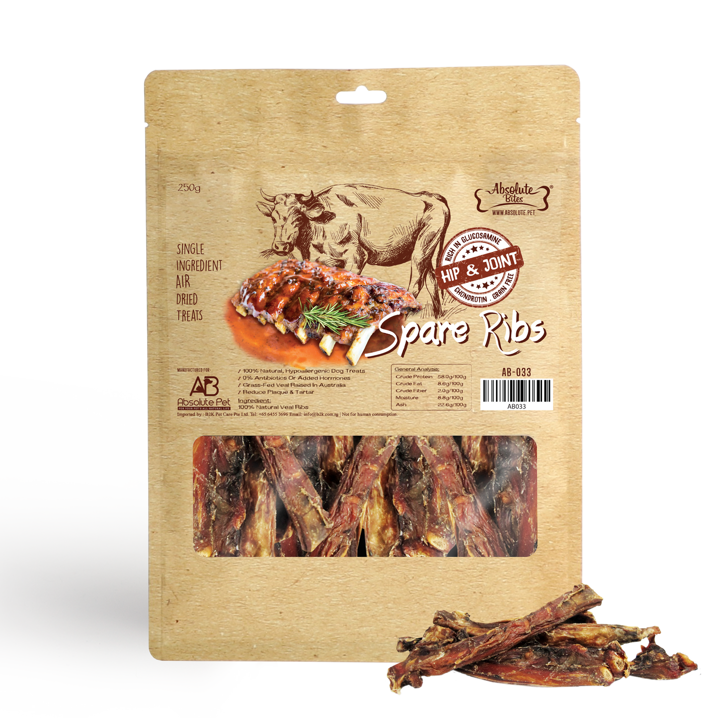 Absolute Bites Air Dried Veal Spare Ribs Dog Treats (Large Bag) 280g