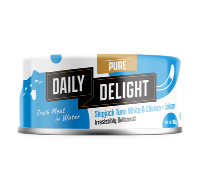 [As Low As $1.49 Each + FREE Happea Litter] Daily Delight Pure Skipjack Tuna White & Chicken with Salmon Cat Canned Food 80g