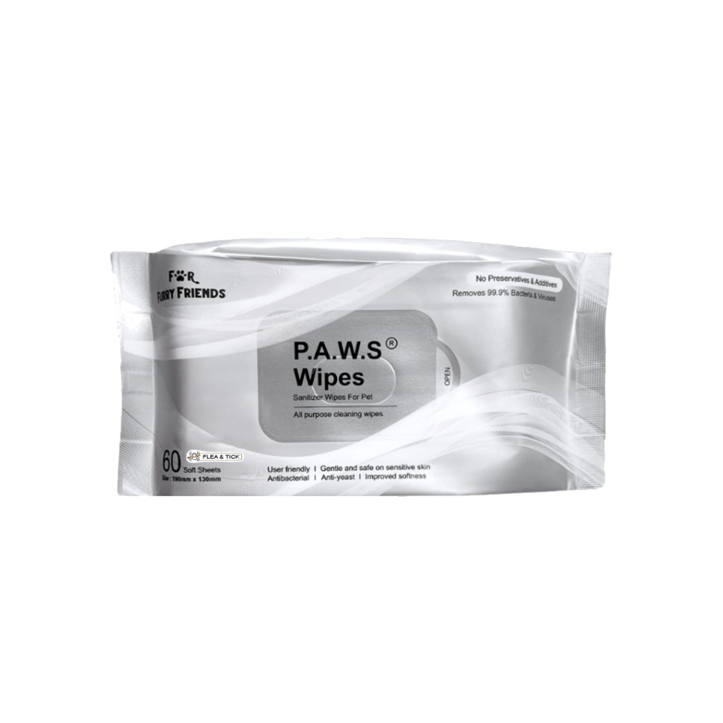 For Furry Friends Pet's Activated Water Sanitizer (P.A.W.S) Flea & Tick Repellent Wipes for Dogs 60pc