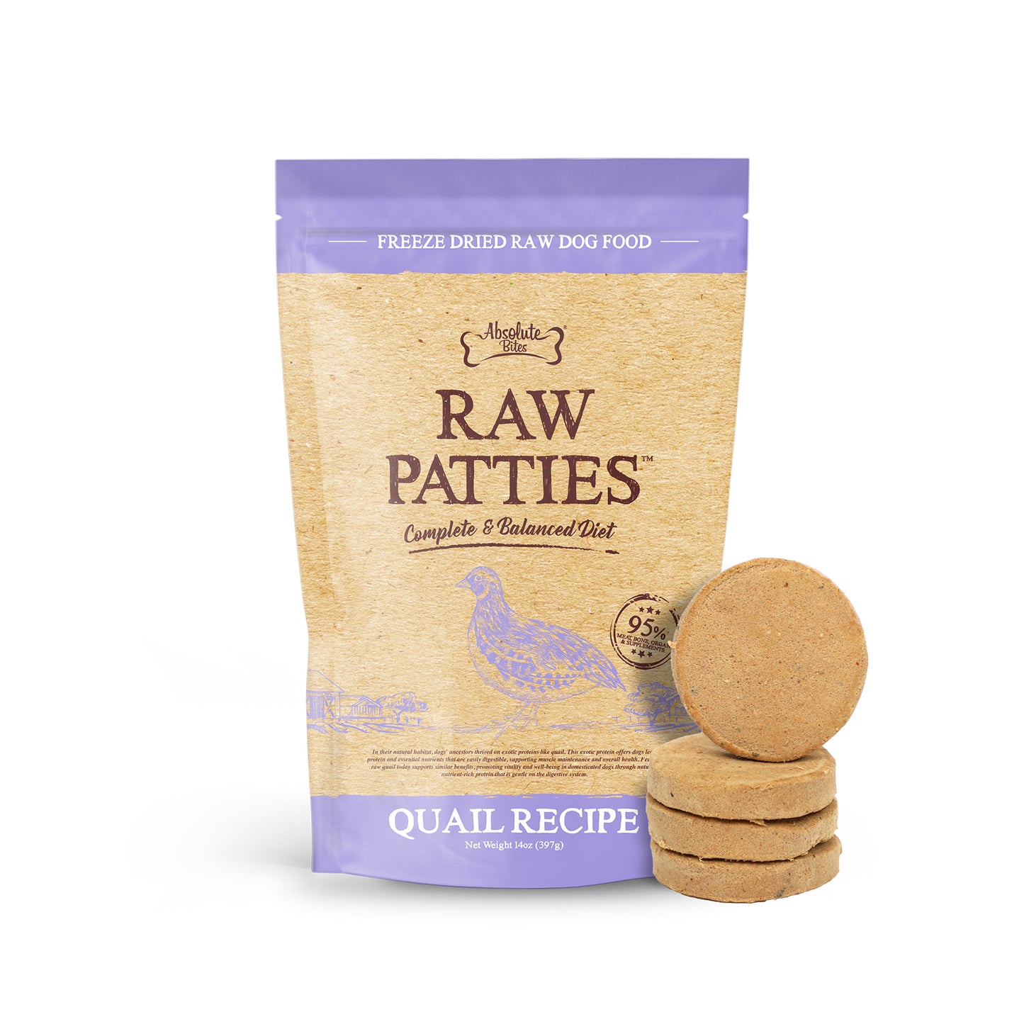 Absolute Bites Freeze Dried Raw Patties Quail Recipe Dog Food 14oz