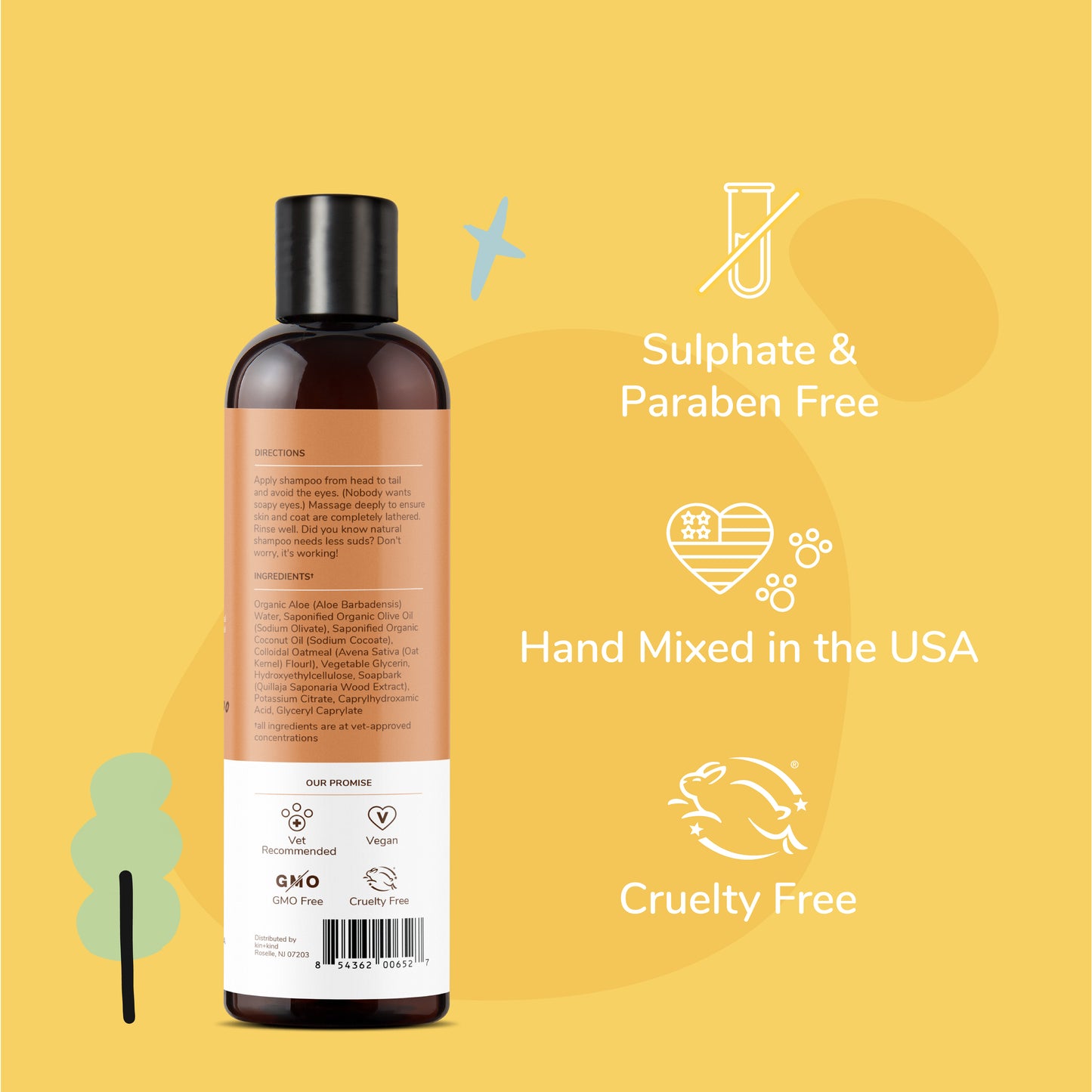 Kin+Kind Unscented Oatmeal Sensitive Pet Natural Shampoo for Dogs & Cats 12oz