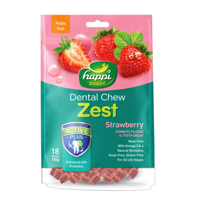 [As Low As $6.65 Each] Happi Doggy Zest Petite Strawberry Dental Chew 150g (2.5 Inch)