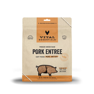 [3 for $96] Vital Essentials Mini Patties Pork Entree Freeze Dried Raw Cat Food 8oz