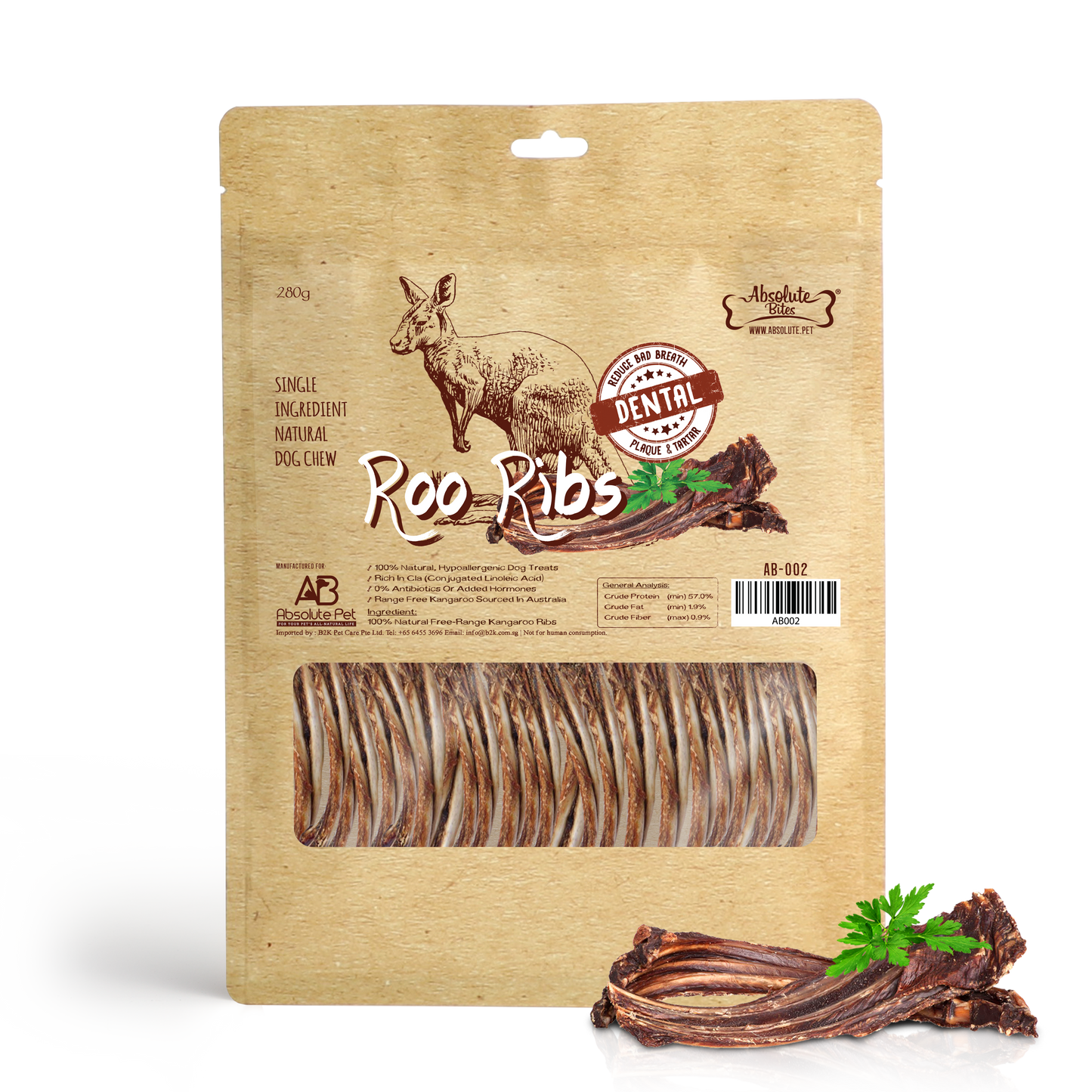 Absolute Bites Air Dried Roo Ribs Dog Treats (Large Bag) 280g