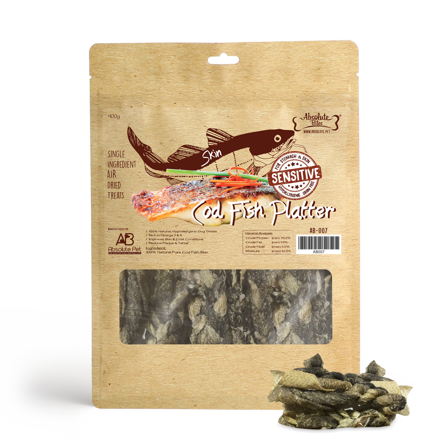 Absolute Bites Air Dried Cod Fish Platter Dog Treats (Large Bag) 400g