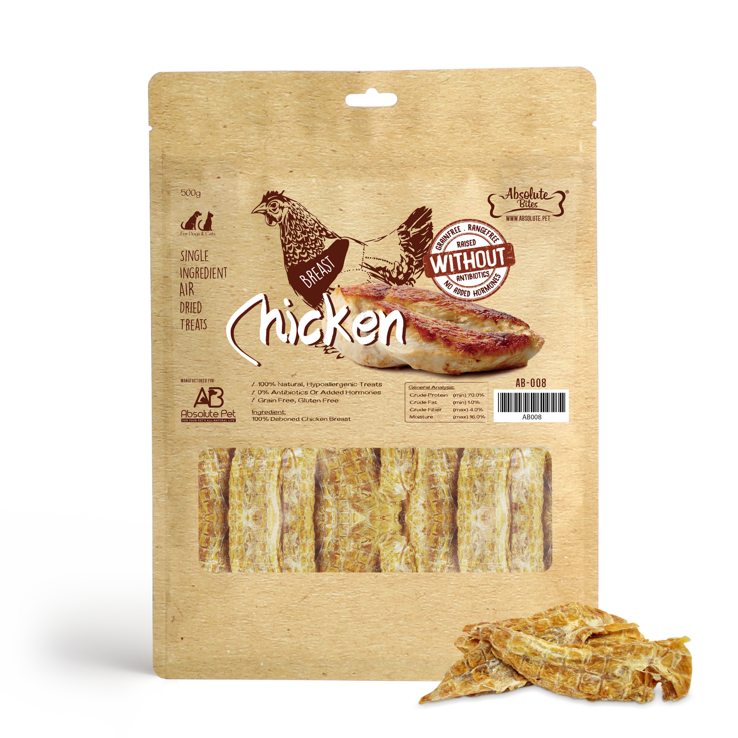 Absolute Bites Air Dried Chicken Breast Dog & Cat Treats (Large Bag) 500g