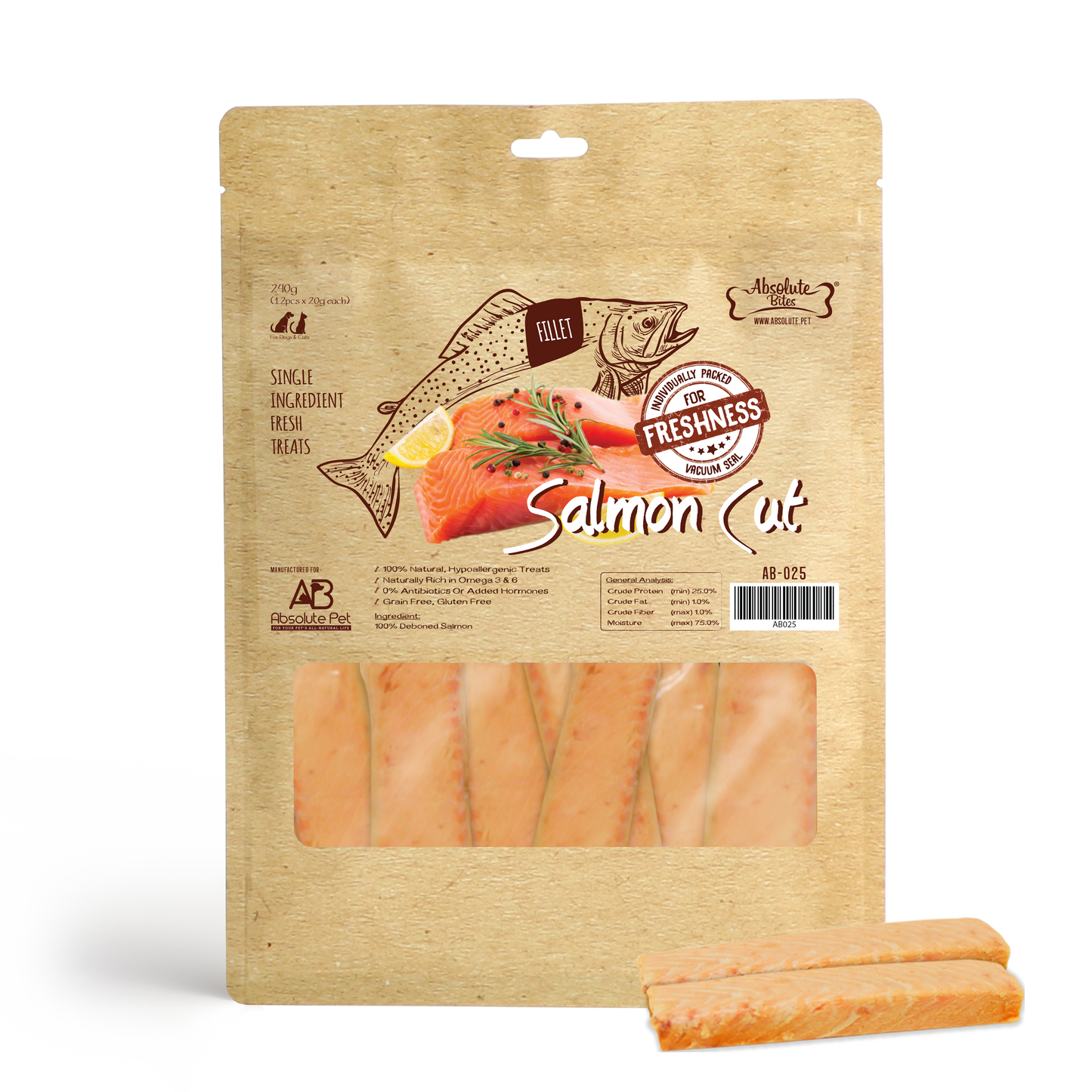 Absolute Bites Fresh Cut Salmon Cut Dog & Cat Treats (Large Bag) 240g