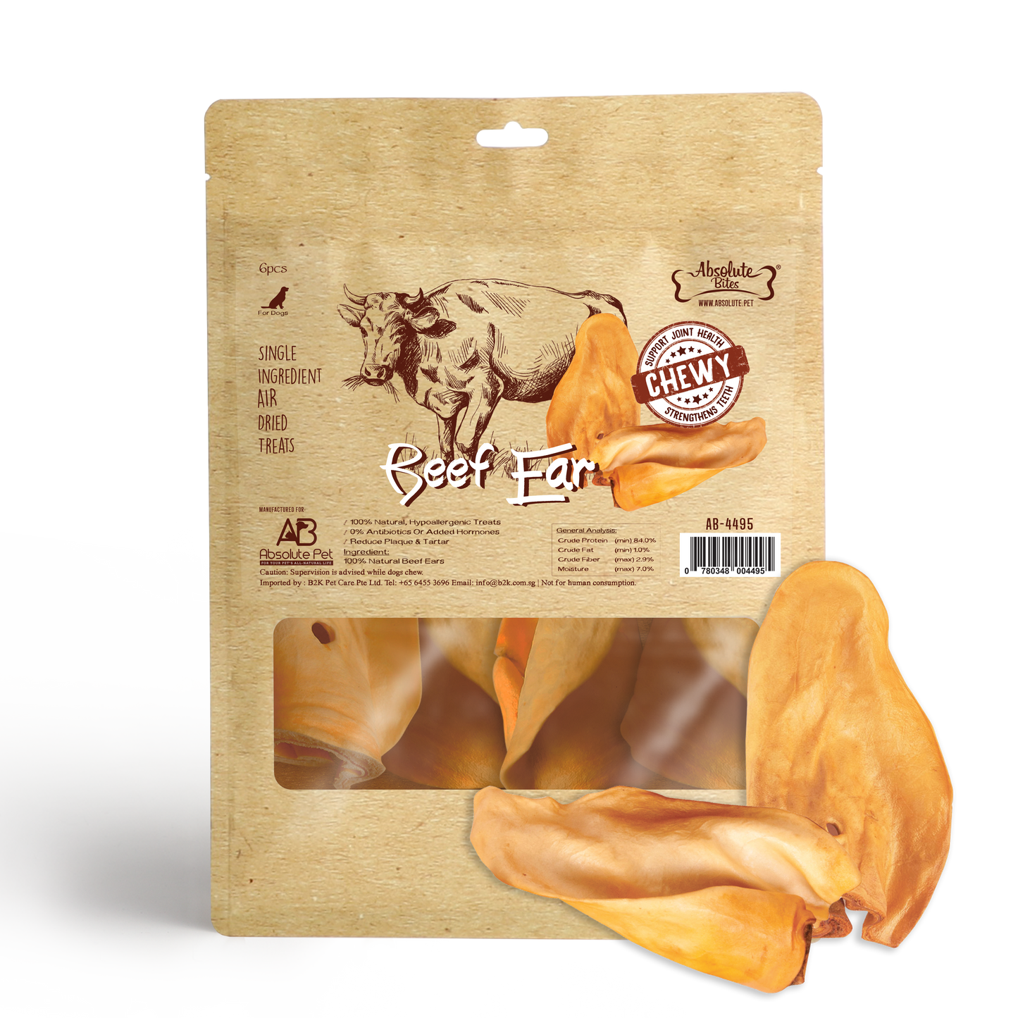 Absolute Bites Air Dried Beef Ear Dog Treats (Large Bag) 6 Pieces