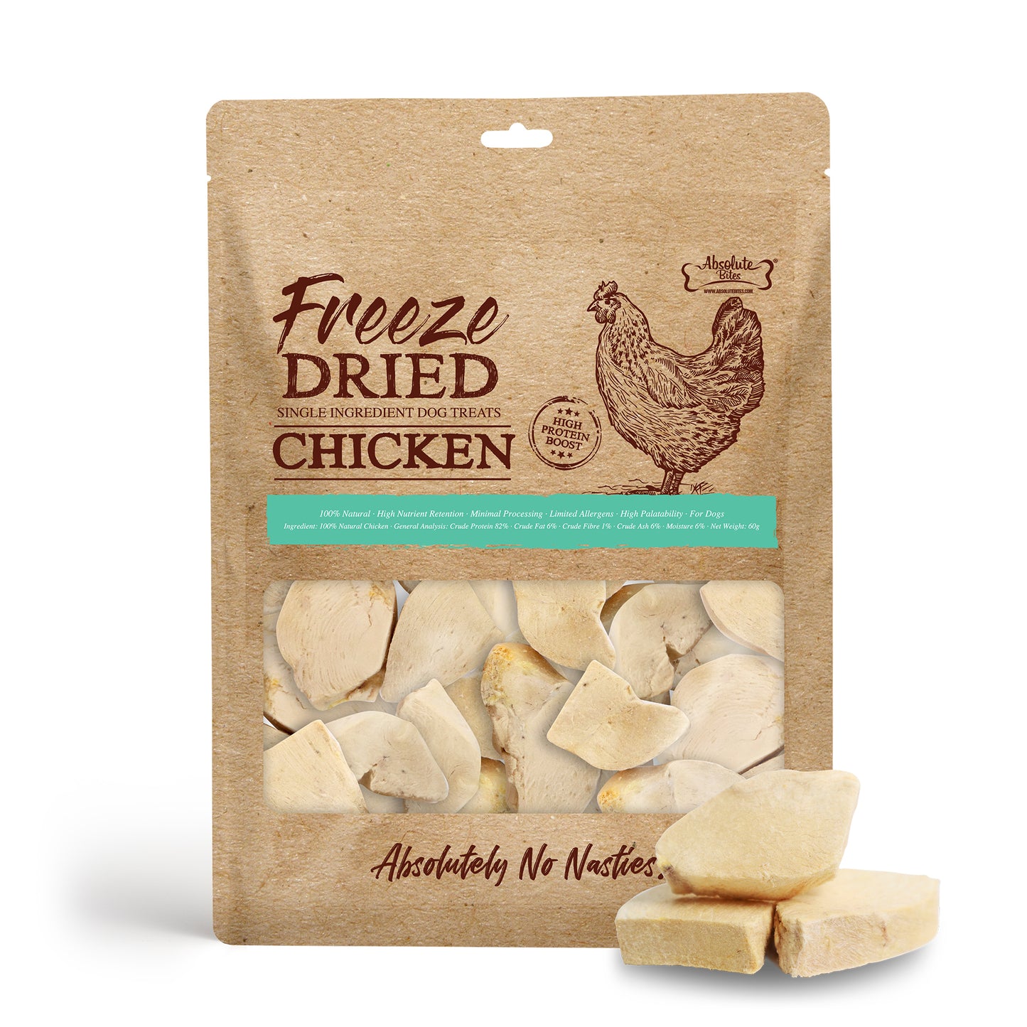 Absolute Bites Freeze Dried Chicken Dog & Cat Treats 60g (Small Bag)