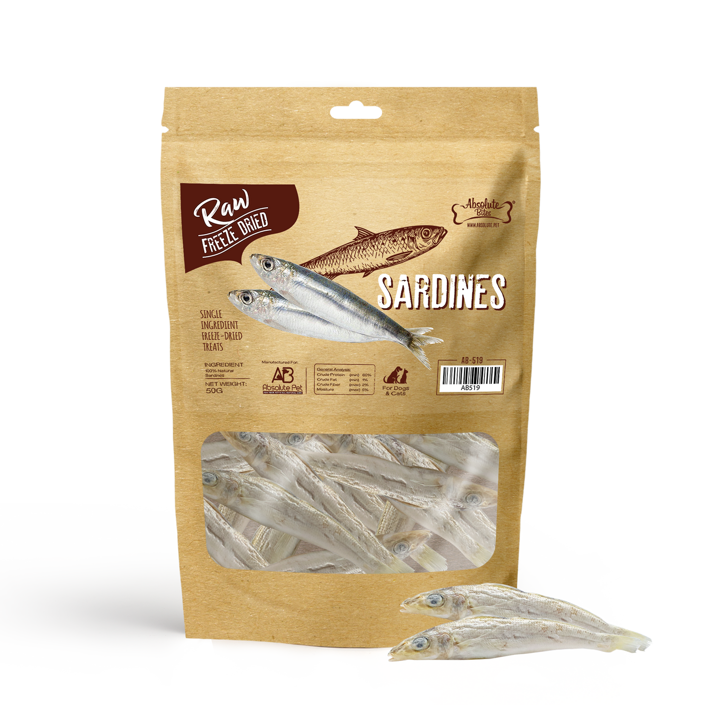 Absolute Bites Freeze Dried Sardine Dog & Cat Treats (Small Bag) 50g