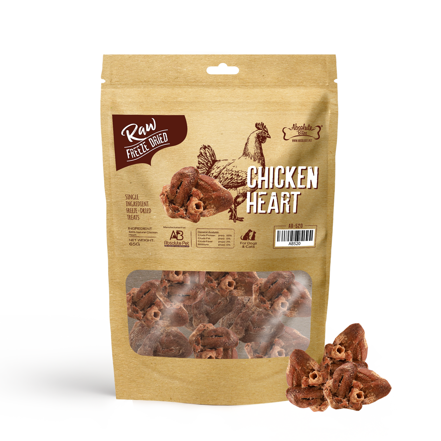 Absolute Bites Freeze Dried Chicken Heart Dog & Cat Treats (Small Bag) 65g