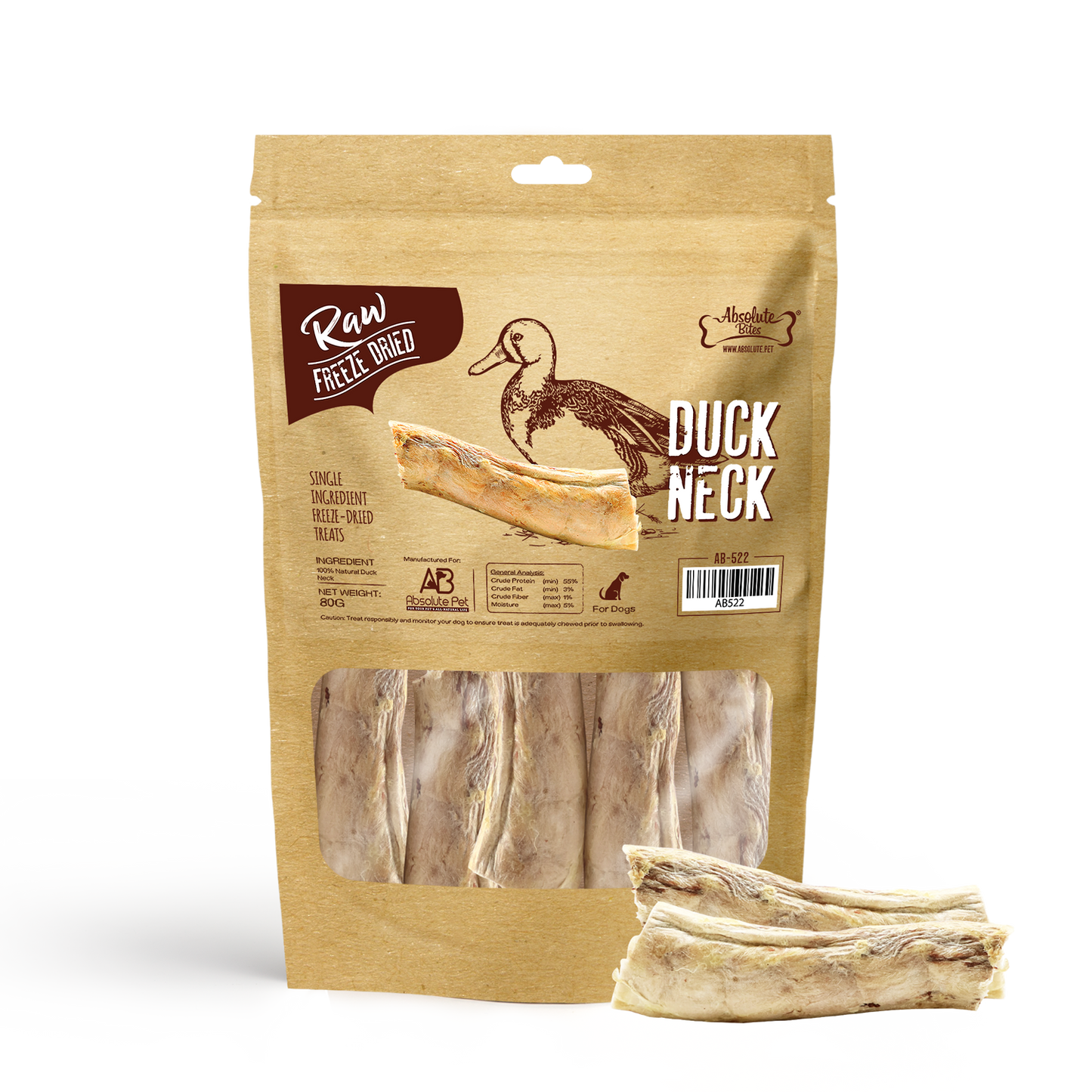 Absolute Bites Freeze Dried Duck Neck Dog Treats (Small Bag) 80g