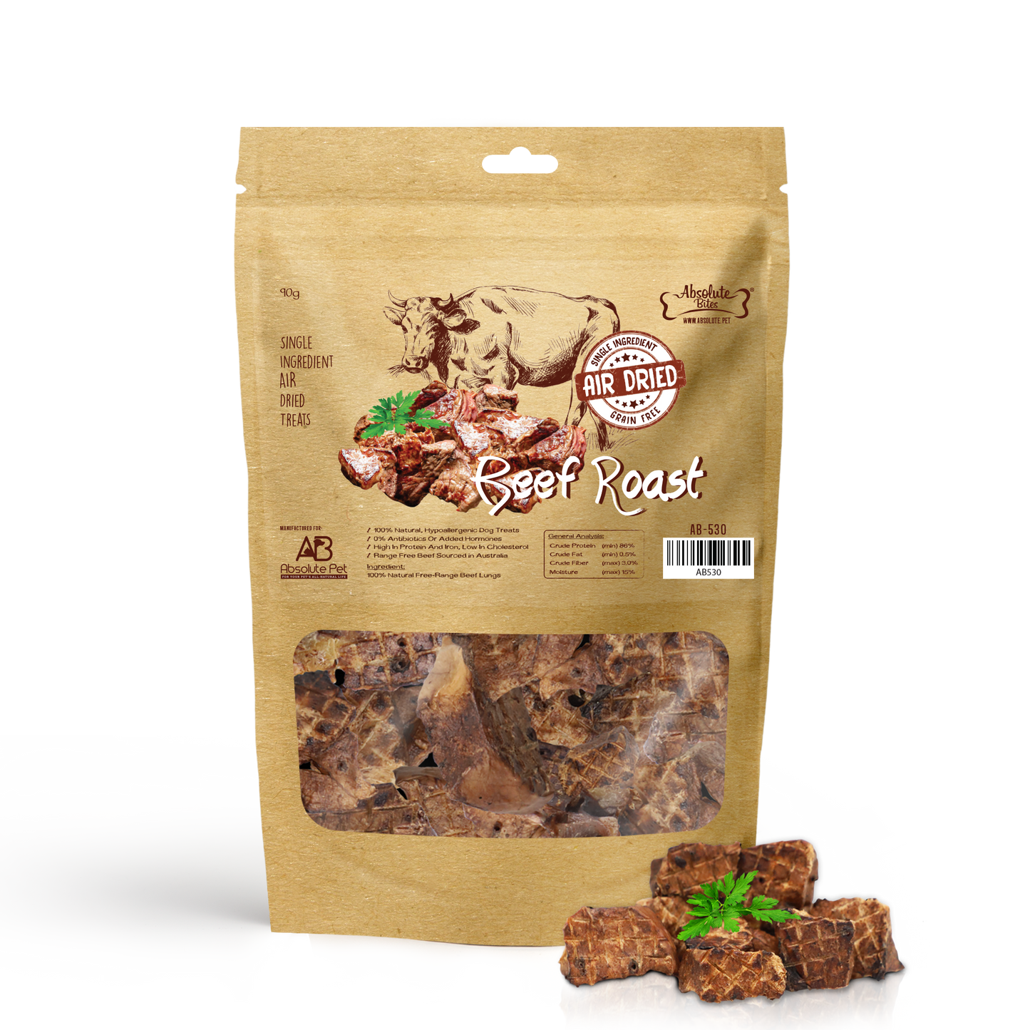 Absolute Bites Air Dried Beef Roast Dog Treats (Small Bag) 90g