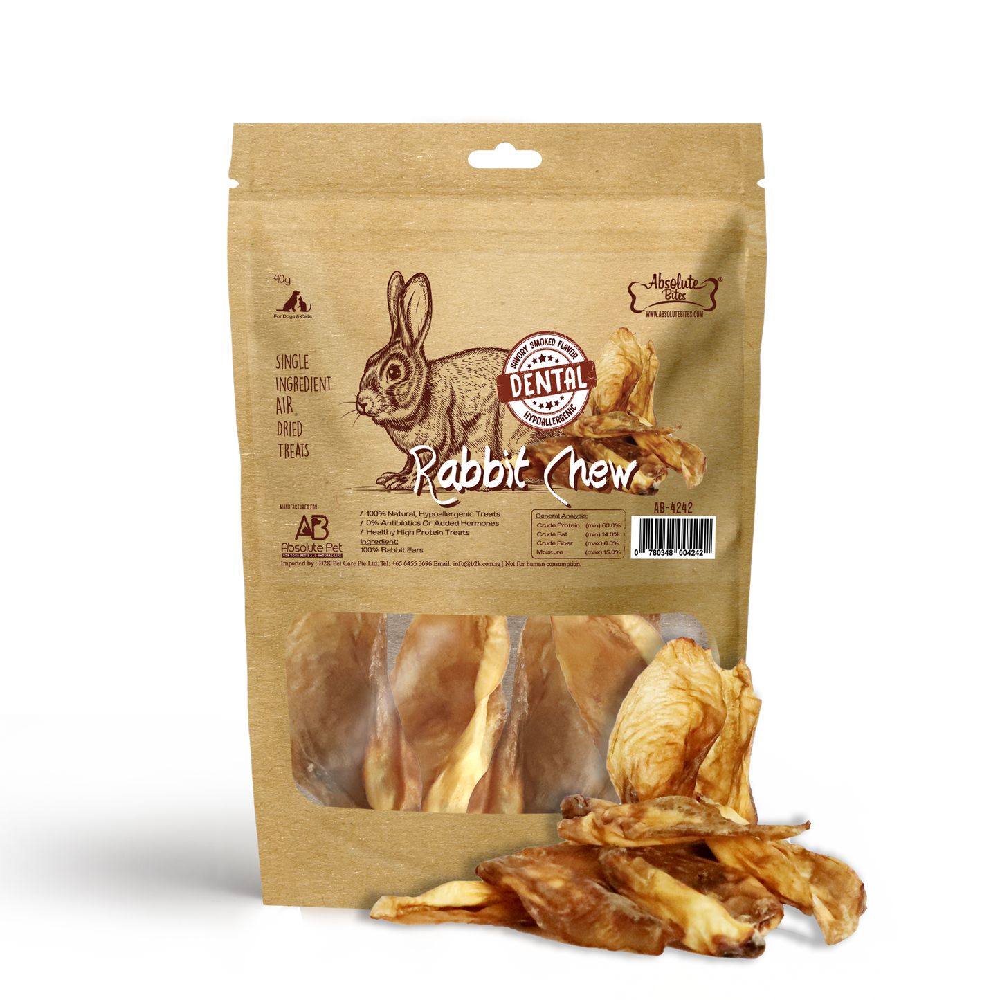 Absolute Bites Air Dried Rabbit Chew Dog Treats (Small Bag) 40g