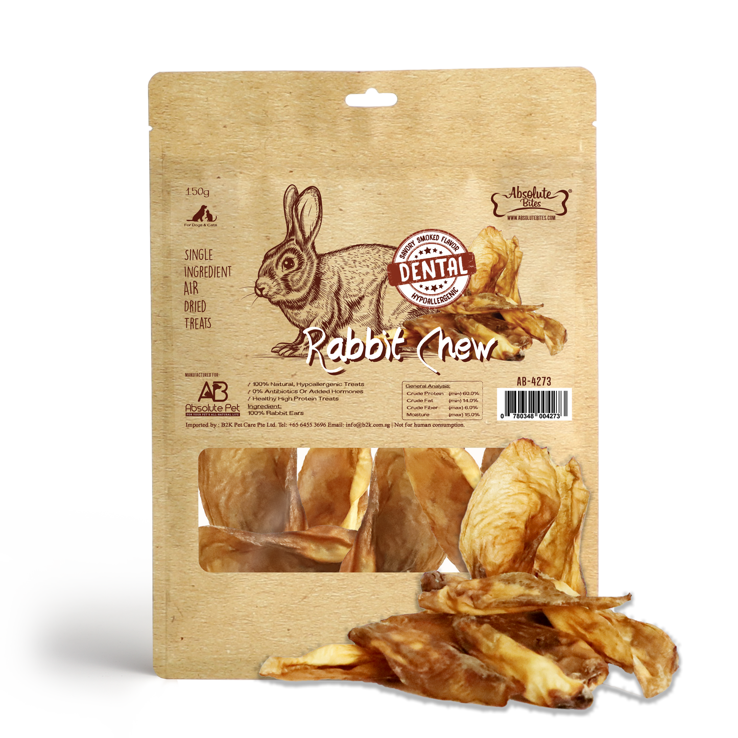 Absolute Bites Air Dried Rabbit Chew Dog Treats (Large Bag) 150g
