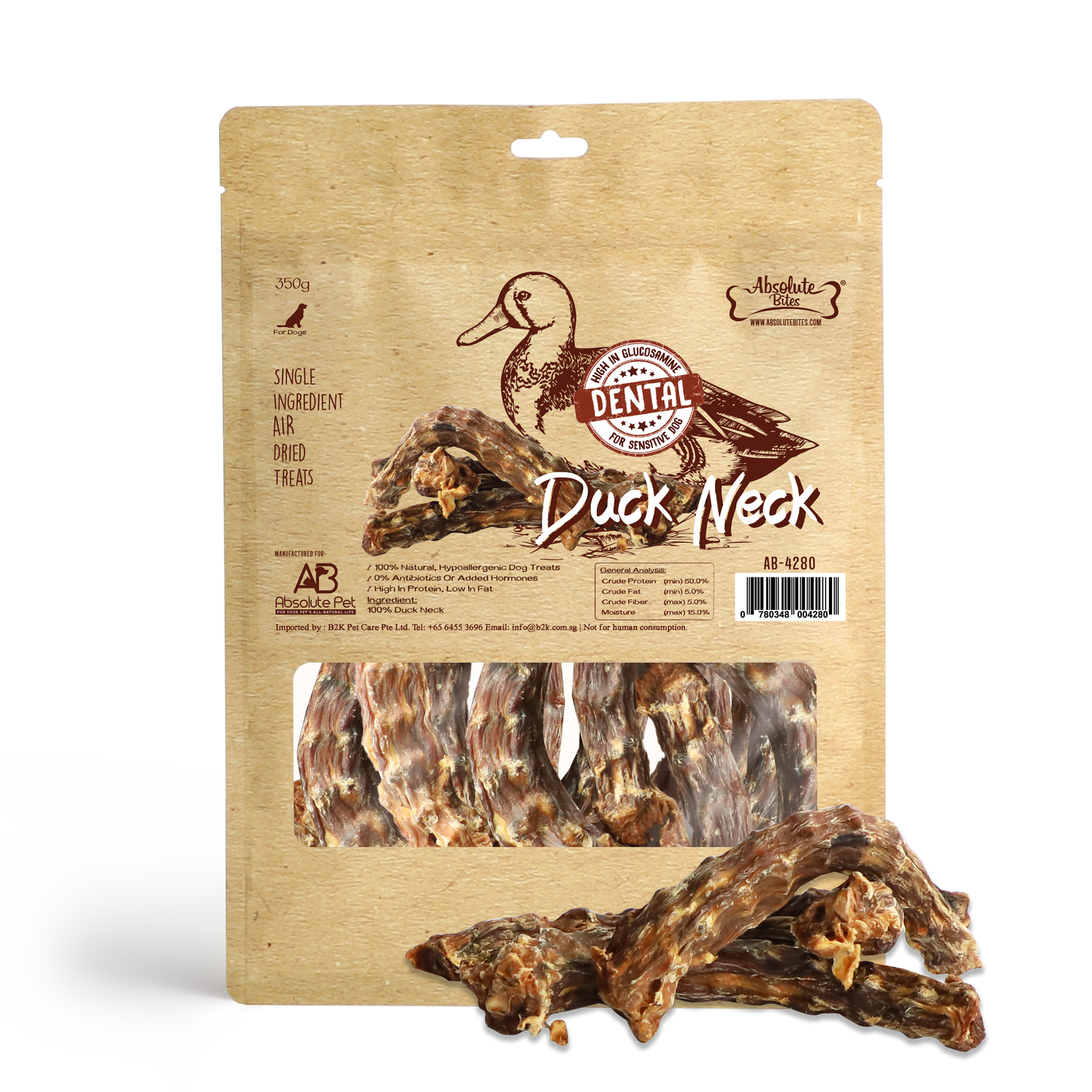 Absolute Bites Air Dried Duck Neck Dog Treats (Large Bag) 400g