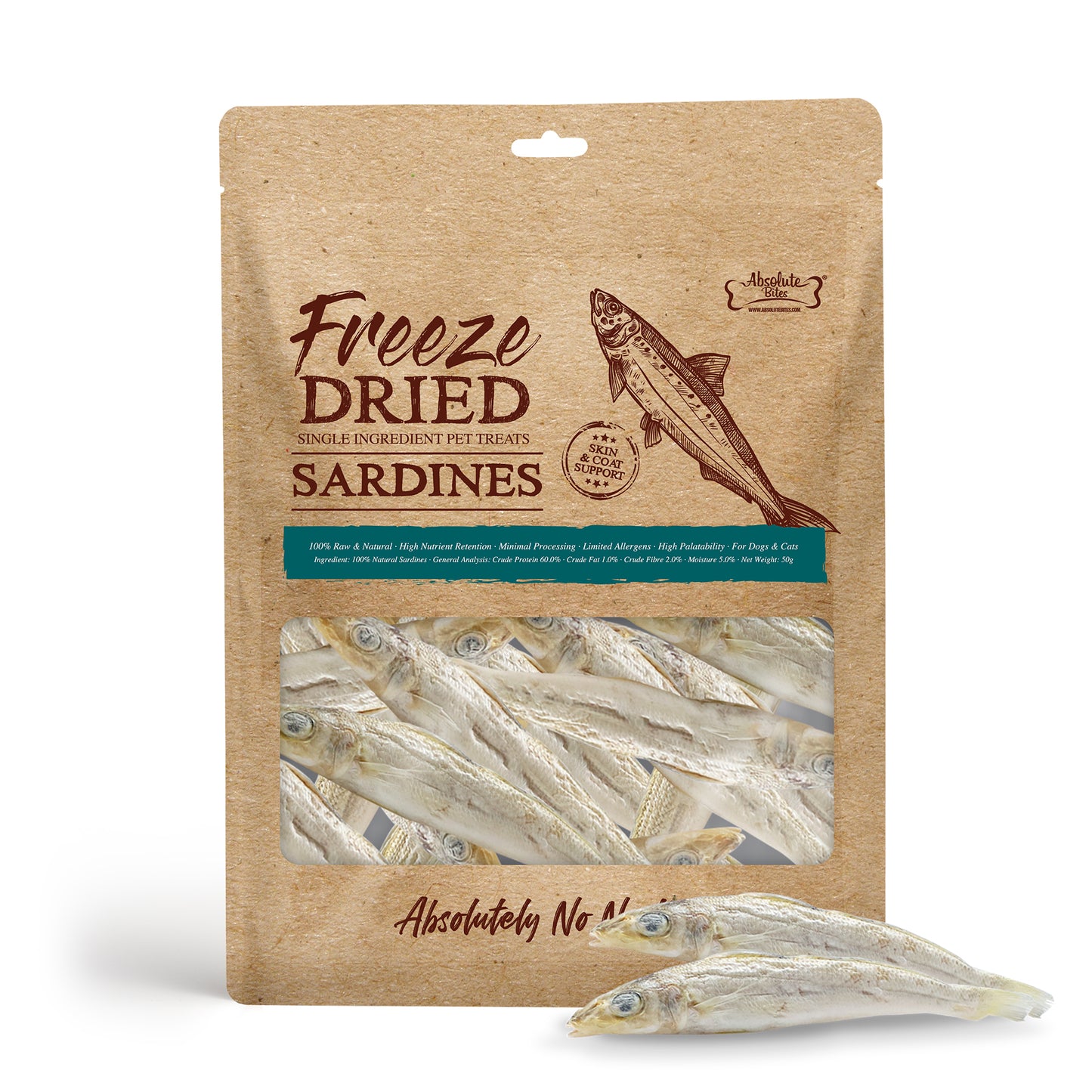 Absolute Bites Freeze Dried Sardine Dog & Cat Treats 50g (Small Bag)