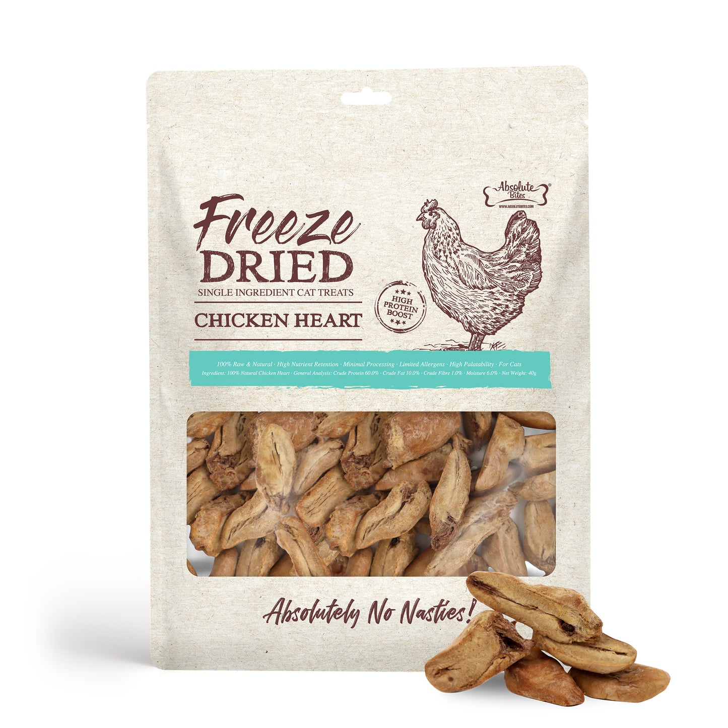 Absolute Bites Freeze Dried Chicken Heart Dog & Cat Treats 40g (Small Bag)