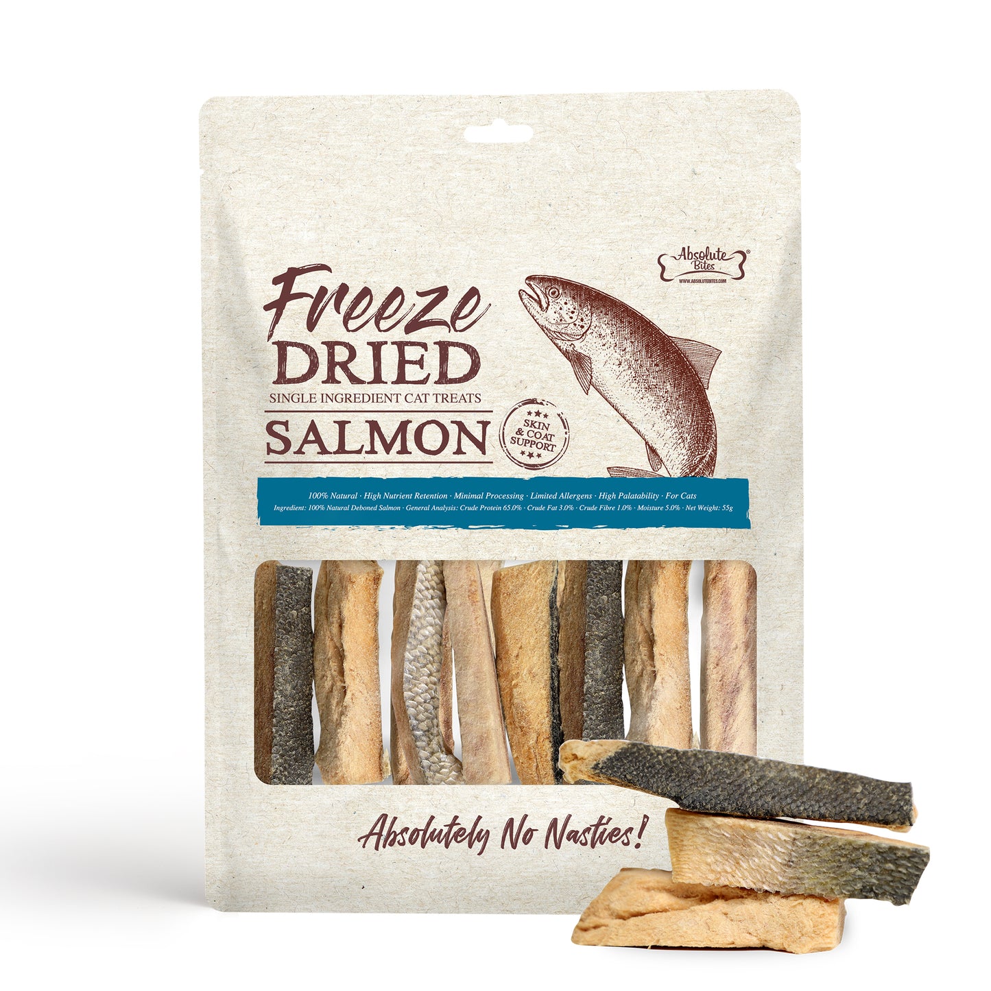 Absolute Bites Freeze Dried Salmon Dog & Cat Treats 45g/55g (Small Bag)