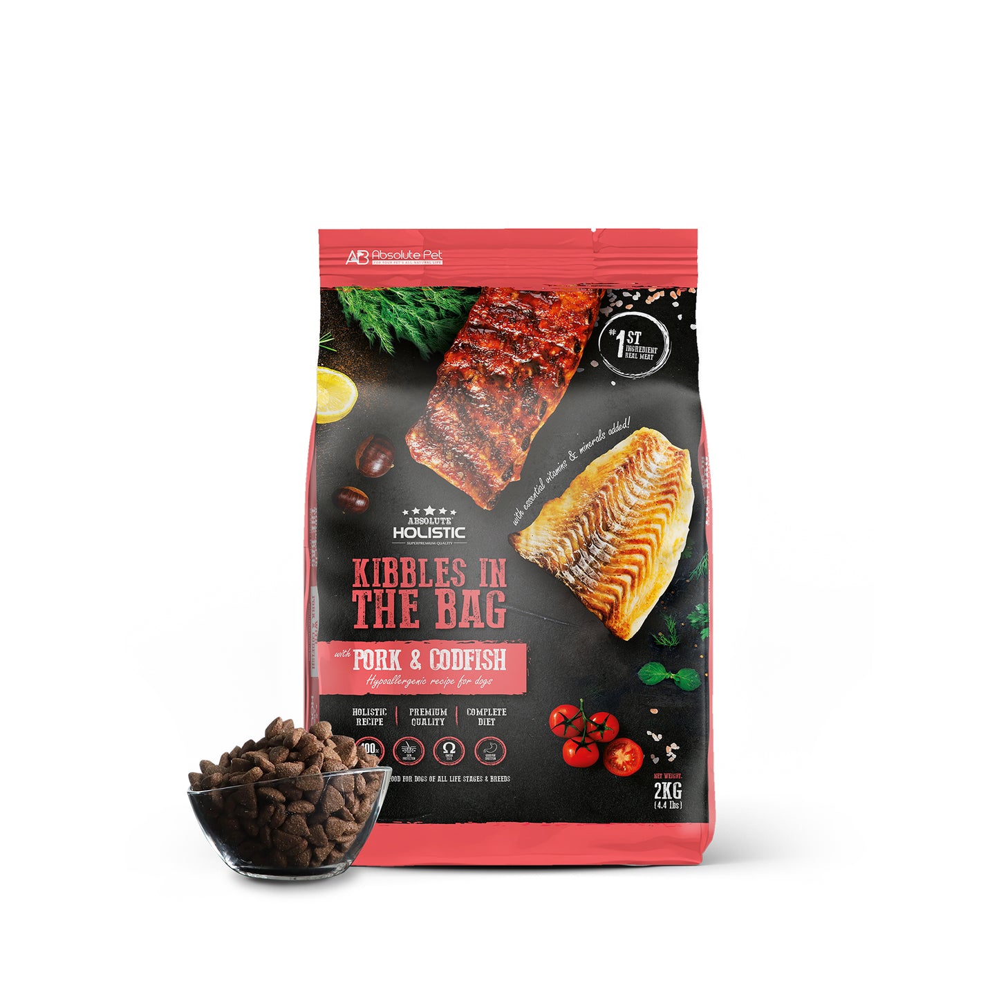 [Pet Expo Deal + FREE Wipes] Absolute Holistic Kibbles in the Bag Pork & Codfish Regular Bites Dry Dog Food (2 Sizes)