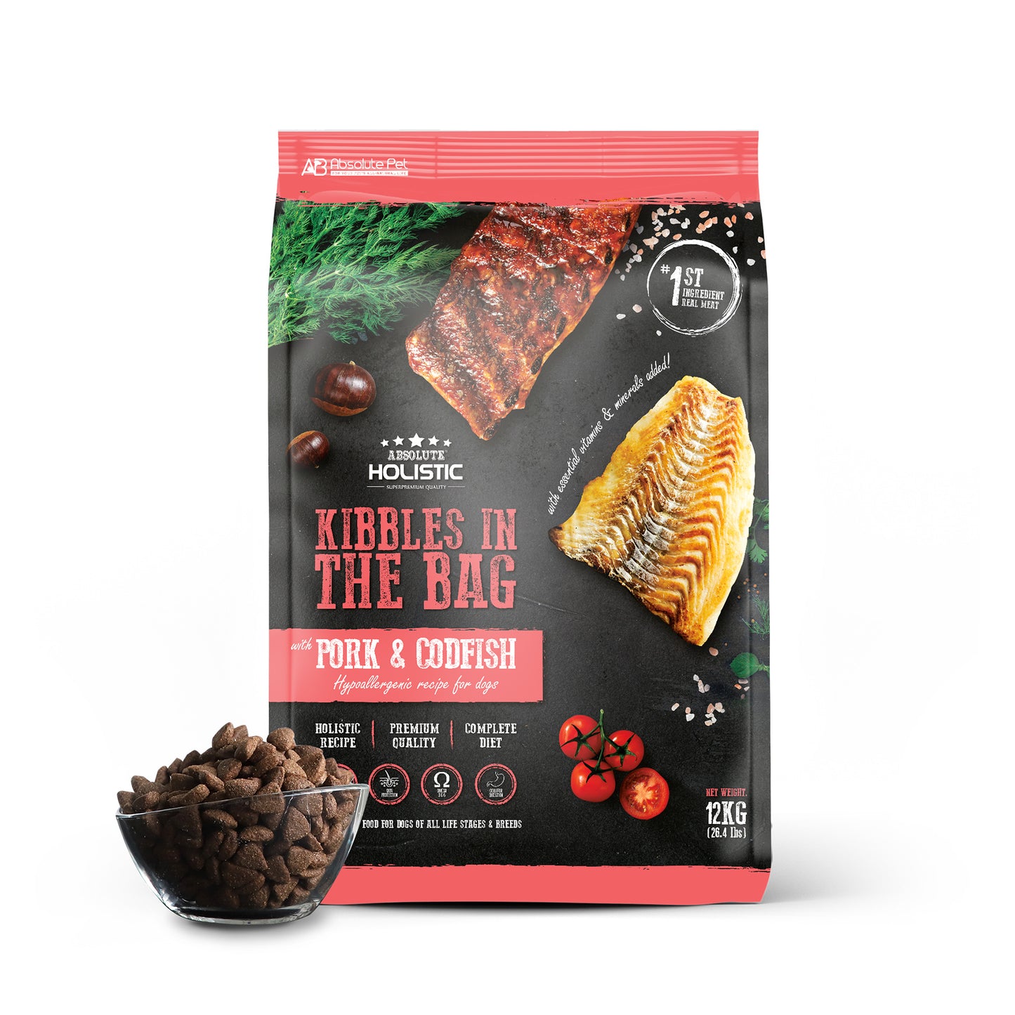 [Pet Expo Deal + FREE Wipes] Absolute Holistic Kibbles in the Bag Pork & Codfish Regular Bites Dry Dog Food (2 Sizes)