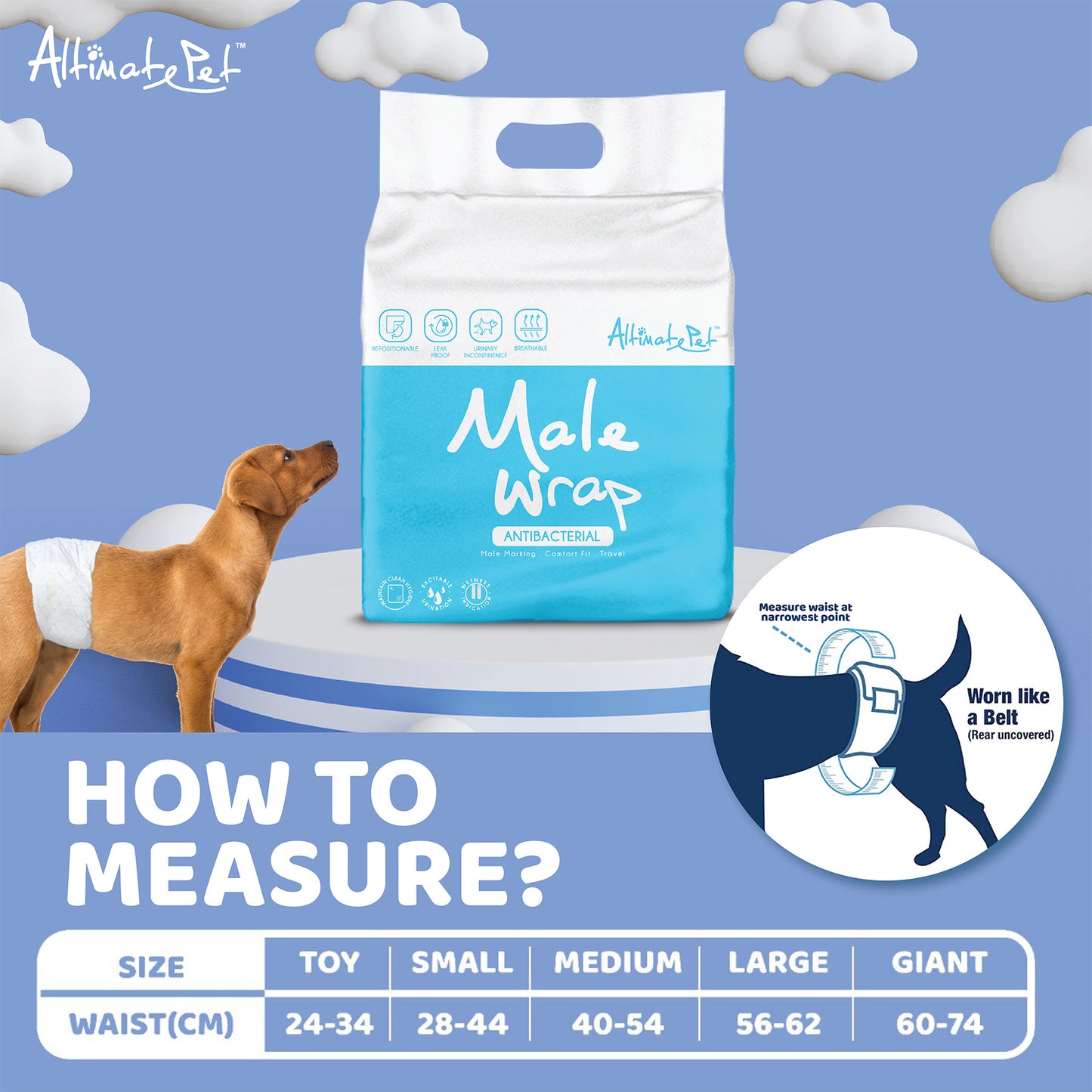 [As Low As $7.80 Each] Altimate Pet Antibacterial Disposable Male Wraps (5 Sizes)