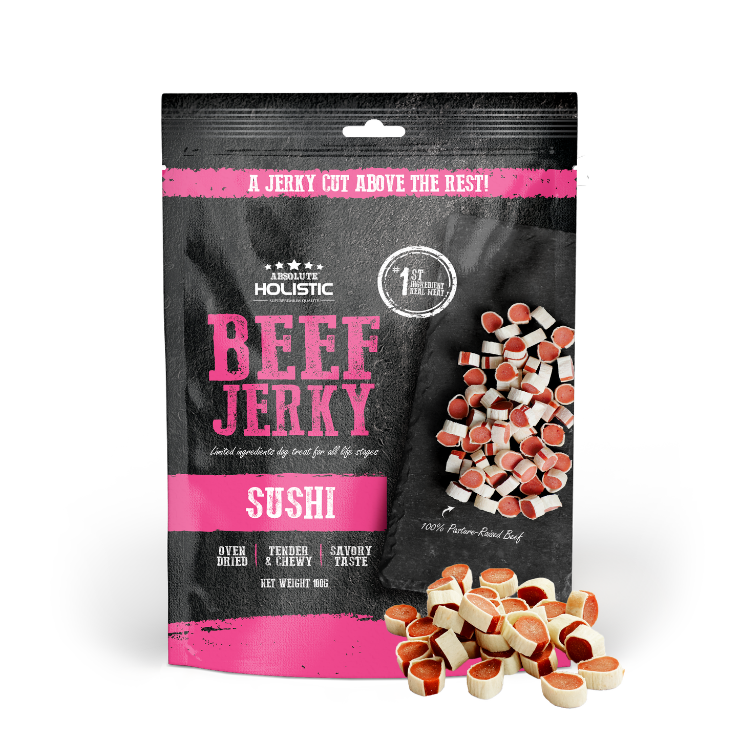 [Up to EXTRA 10% OFF] Absolute Holistic Grain-Free Beef & Whitefish Sushi Jerky Treat for Dogs 100g