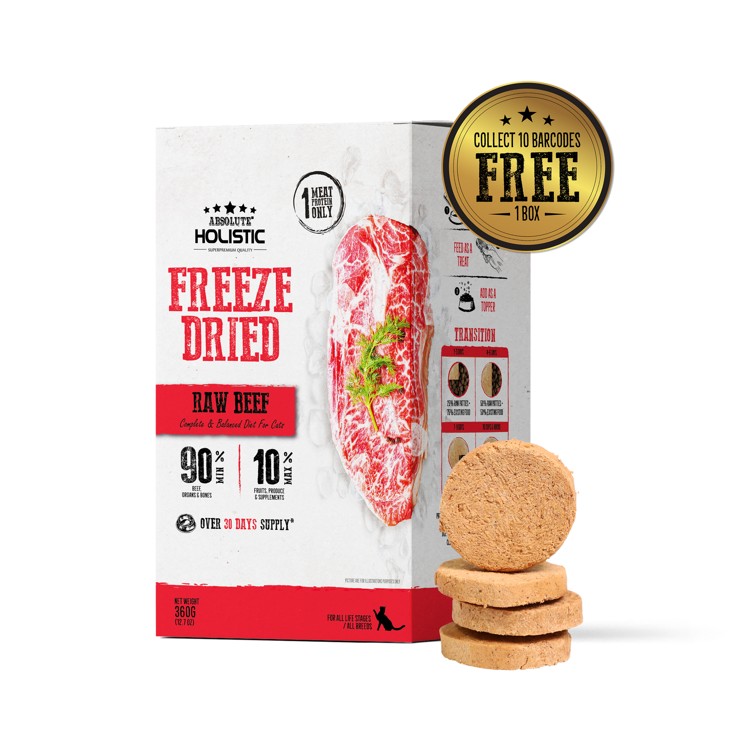 [As Low As $43.30 Each] Absolute Holistic Freeze Dried Raw Beef Patties Cat Food 12.7oz
