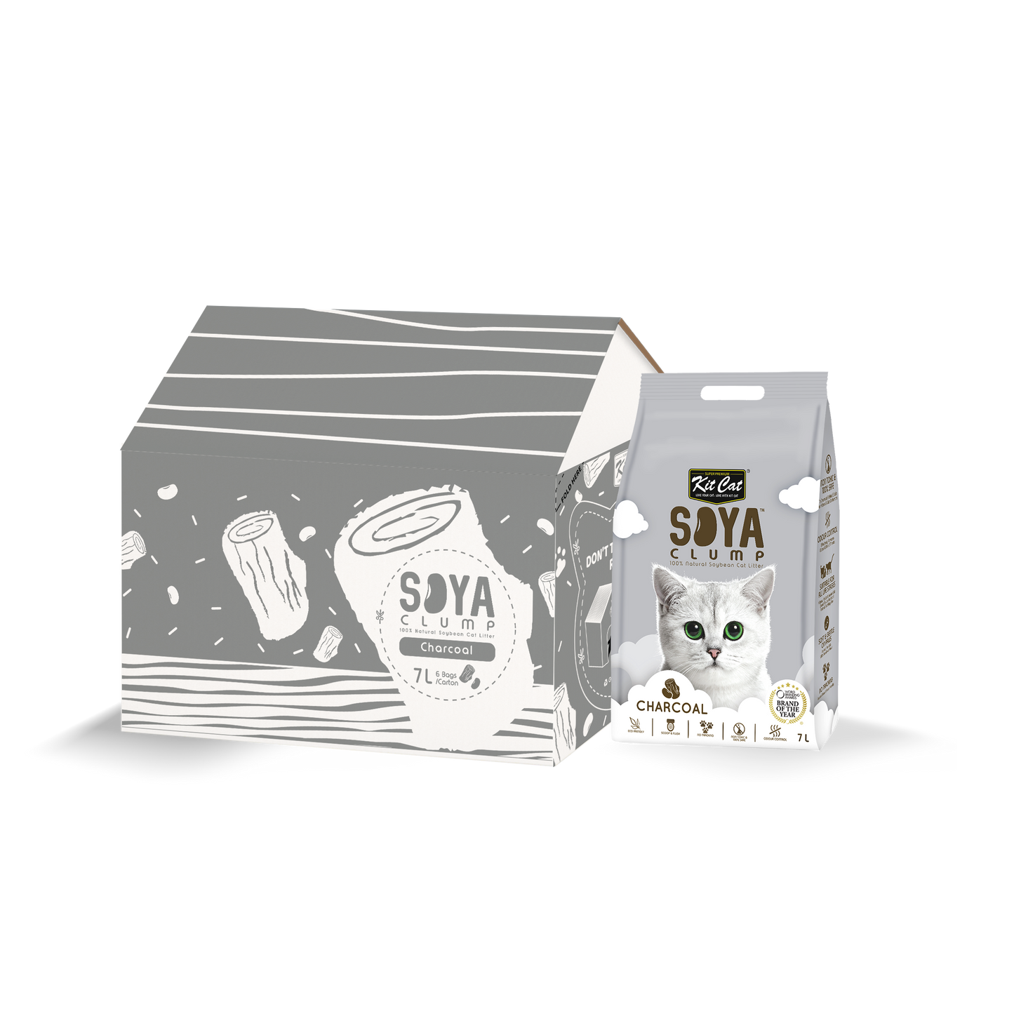 Kit Cat Soya Clump Cat Litter Charcoal 7L (Bundle of 6)