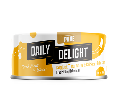 [As Low As $1.49 Each + FREE Happea Litter] Daily Delight Pure Skipjack Tuna White & Chicken with Baby Clam Cat Canned Food 80g