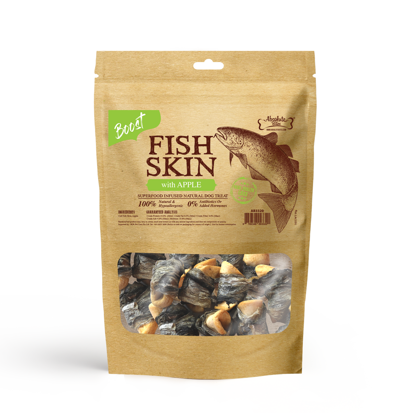 Absolute Bites Air Dried Cod Fish Skin with Apple Dog Treats (Small Bag) 90g