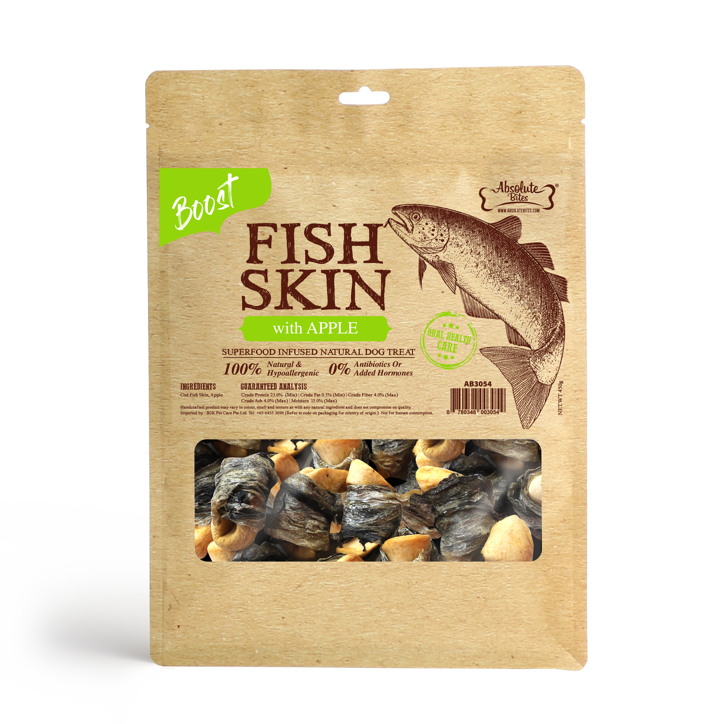 Absolute Bites Air Dried Cod Fish Skin with Apple Dog Treats (Large Bag) 450g