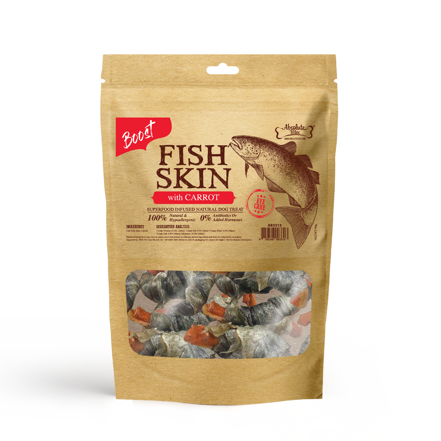 Absolute Bites Air Dried Cod Fish Skin with Carrot Dog Treats (Small Bag) 90g