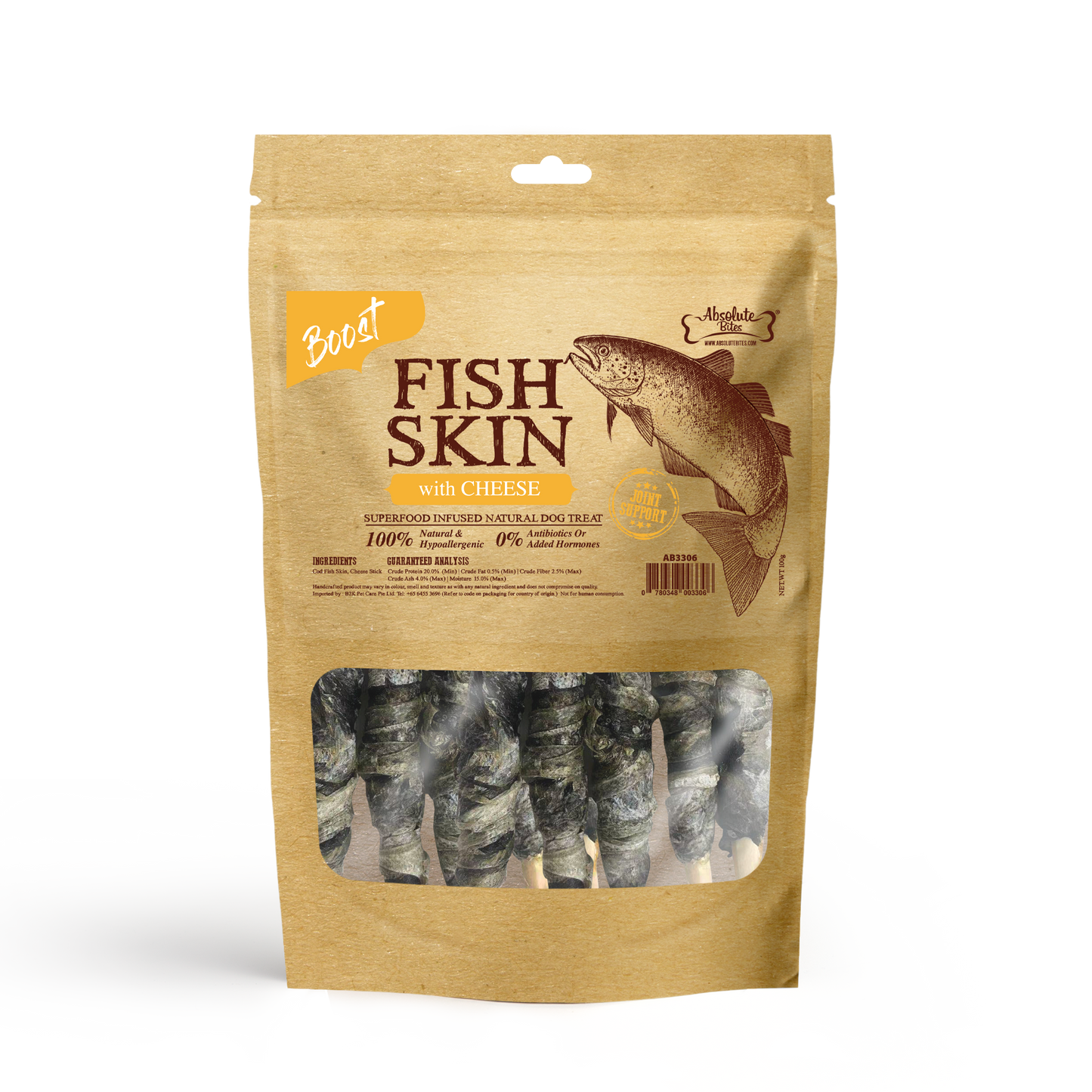 Absolute Bites Air Dried Cod Fish Skin with Cheese Dog Treats (Small Bag) 100g