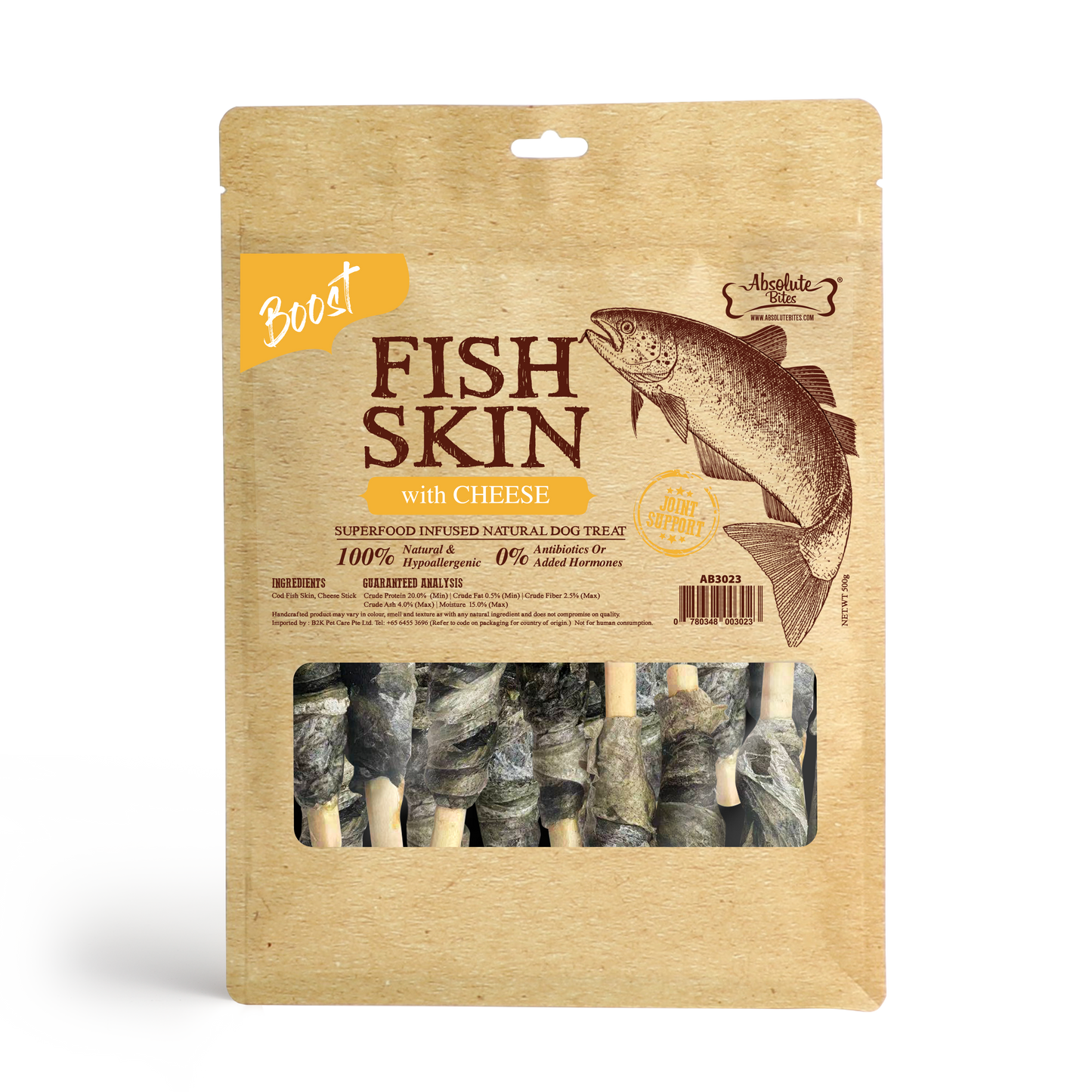 Absolute Bites Air Dried Cod Fish Skin with Cheese Dog Treats (Large Bag) 500g