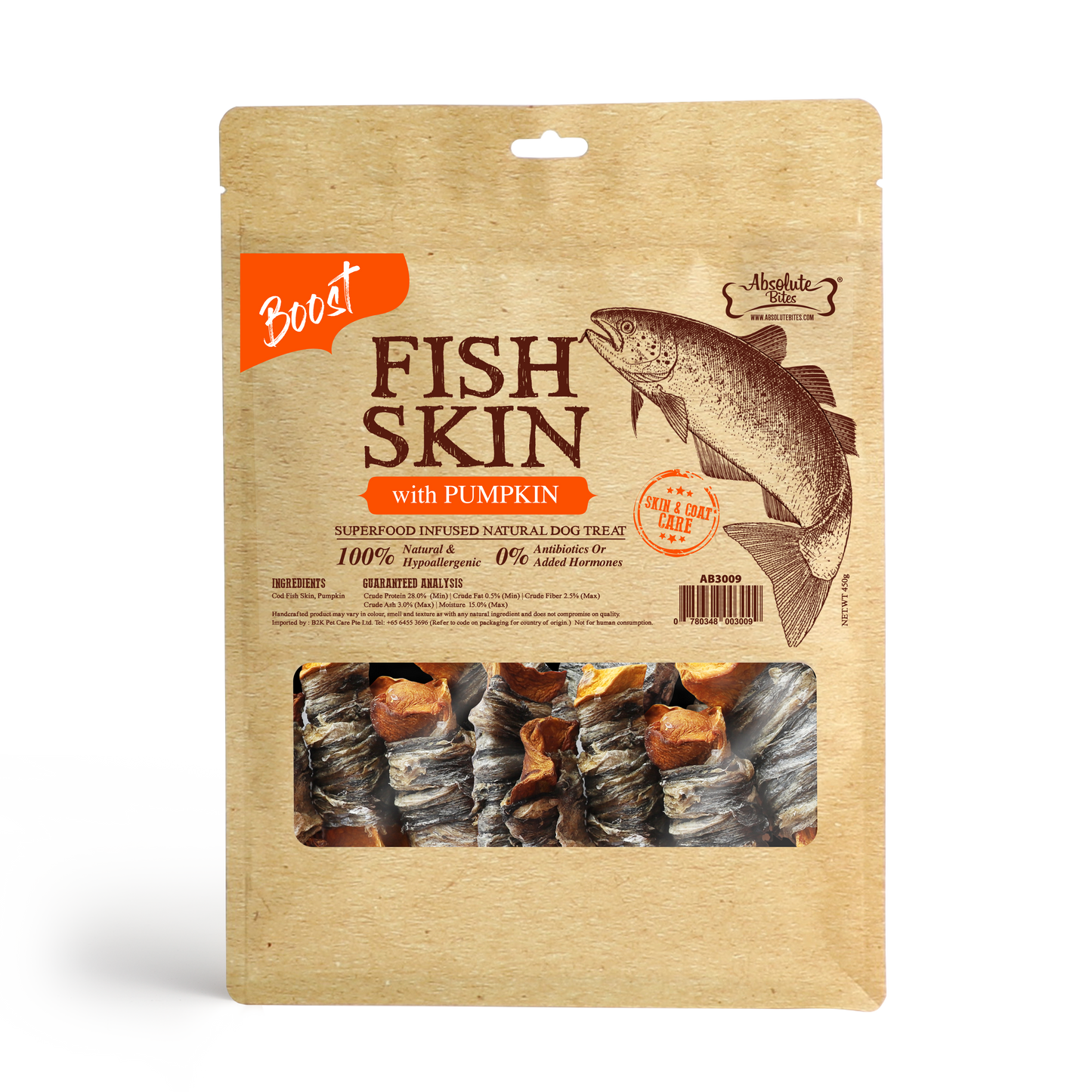 Absolute Bites Air Dried Cod Fish Skin with Pumpkin Dog Treats (Large Bag) 450g