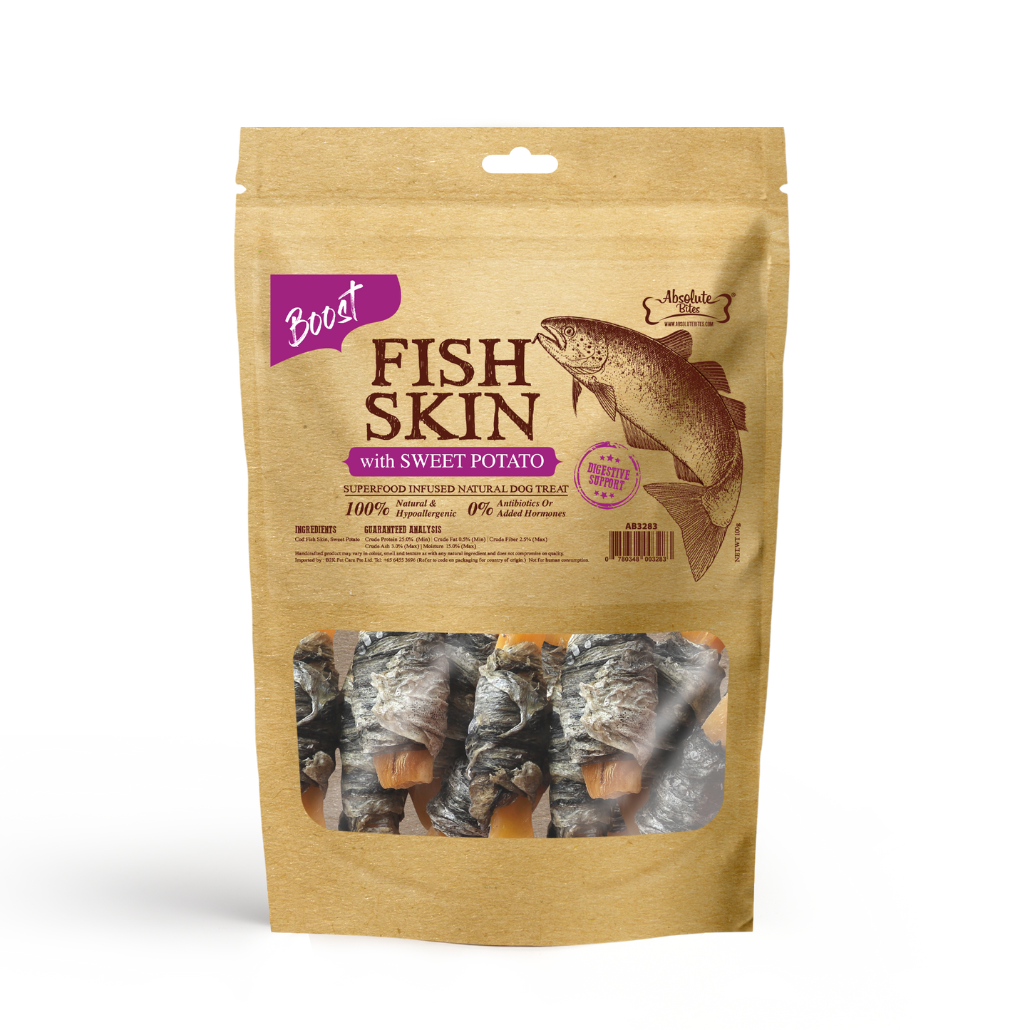 Absolute Bites Air Dried Cod Fish Skin with Sweet Potato Dog Treats (Small Bag) 100g