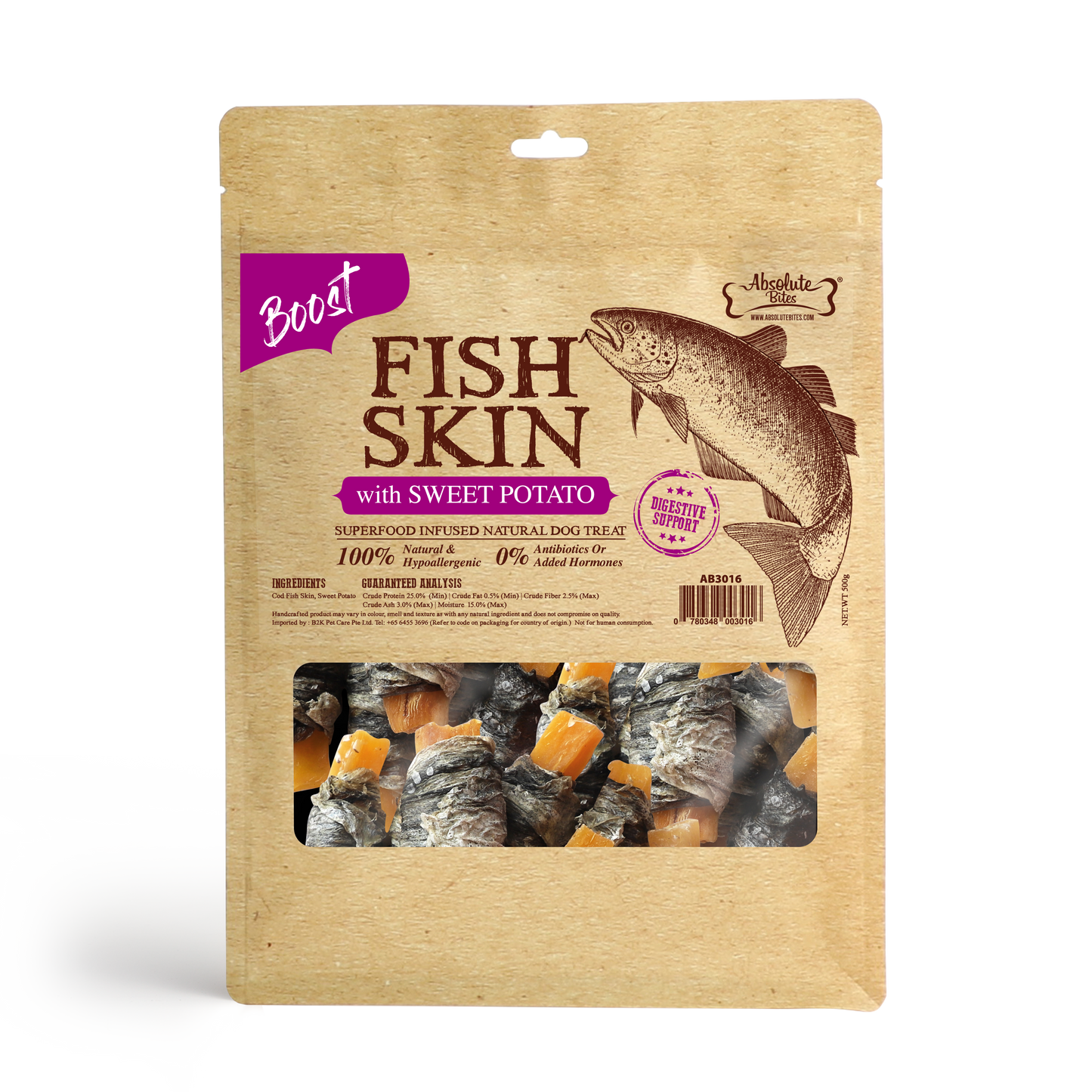 Absolute Bites Air Dried Cod Fish Skin with Sweet Potato Dog Treats (Large Bag) 450g