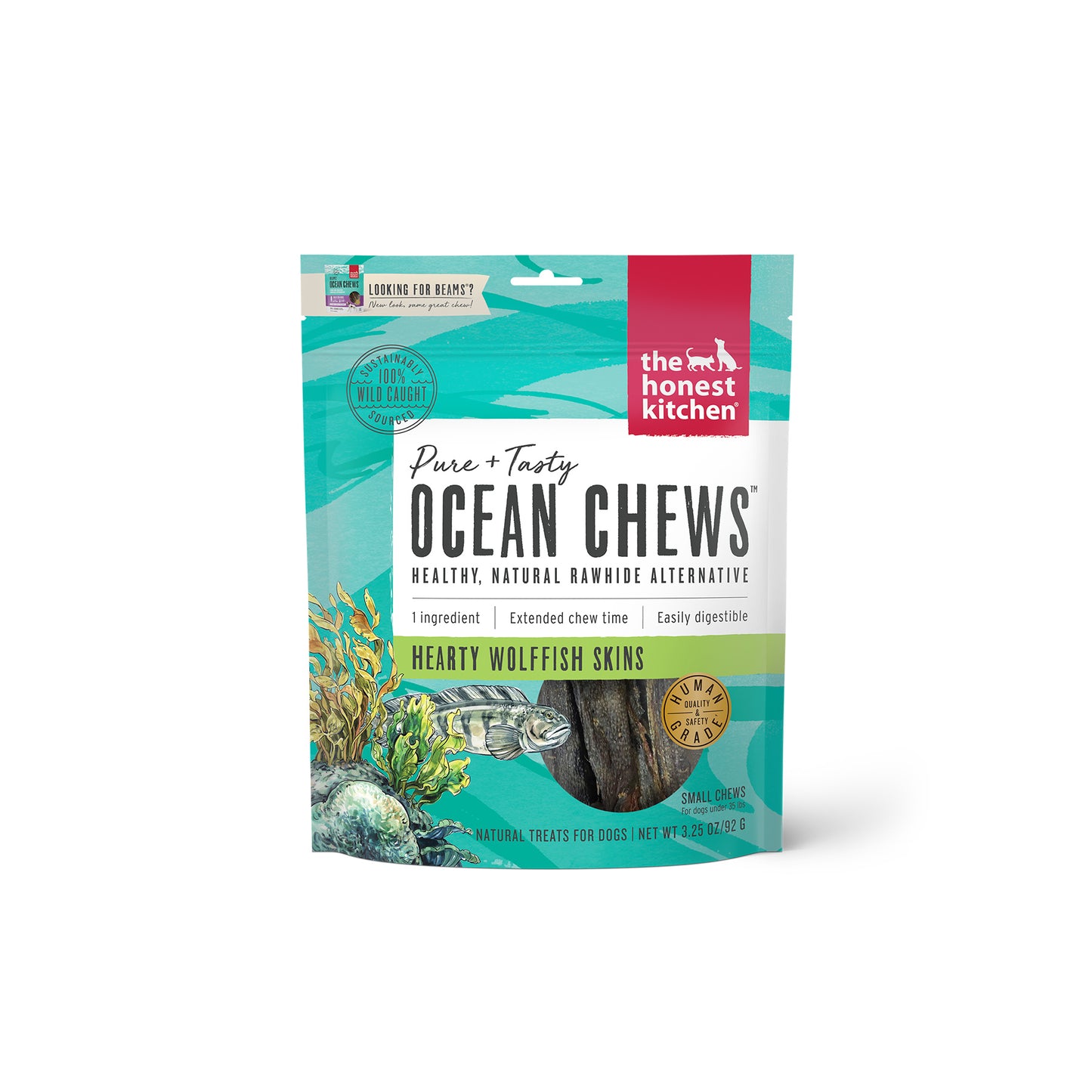 The Honest Kitchen Ocean Chews Beams Wolffish Skins Dog Treat 3.25oz