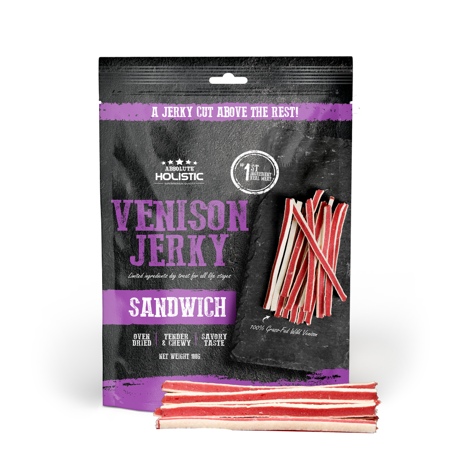 [Up to EXTRA 10% OFF] Absolute Holistic Grain-Free Venison & Whitefish Sandwich Jerky Treat for Dogs 100g