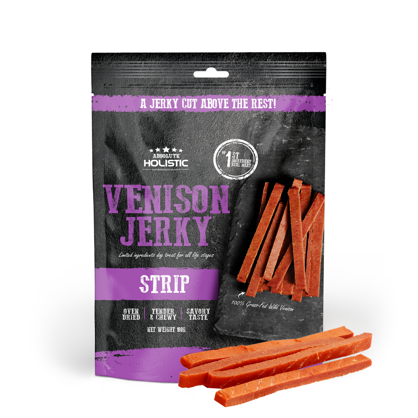 [Up to EXTRA 10% OFF] Absolute Holistic Grain-Free Venison Loin Strip Jerky Treat for Dogs 100g