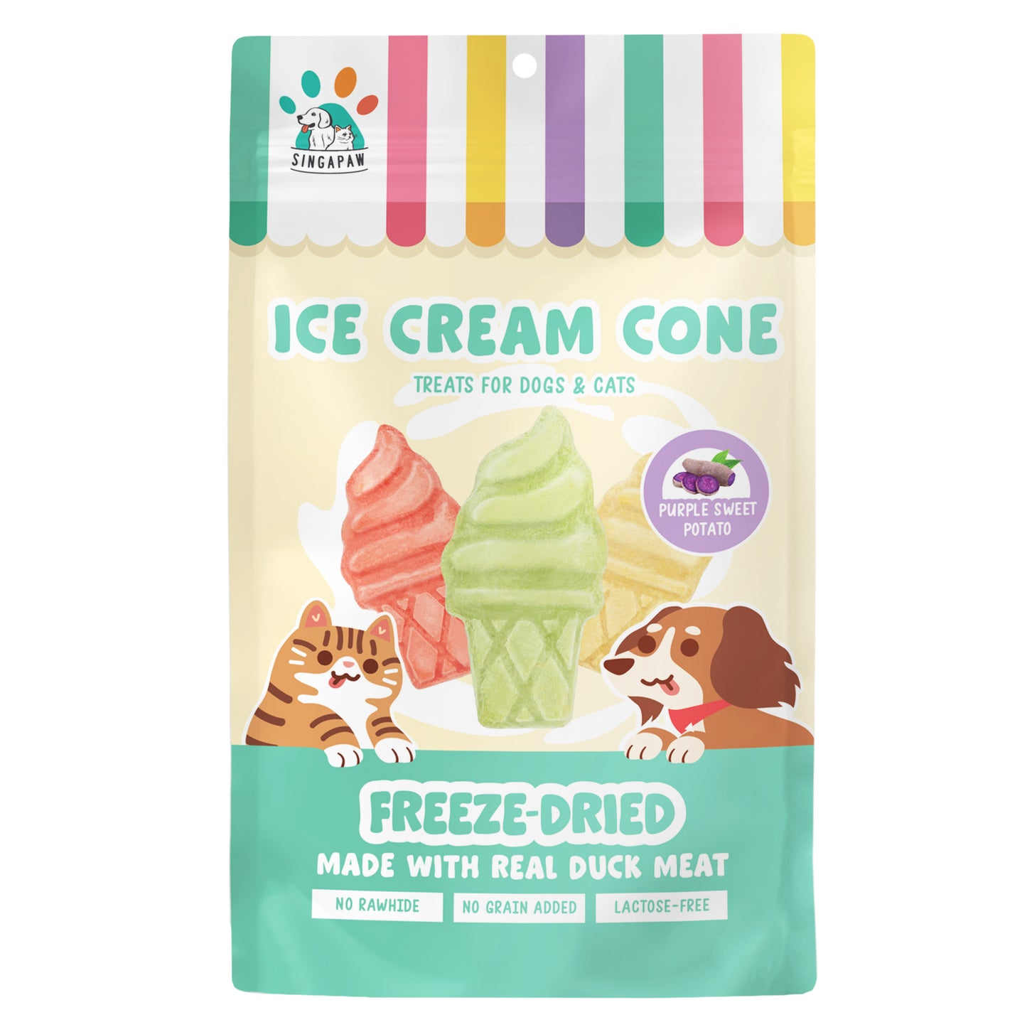 [3 for 5% Off] SingAPaw Ice Cream Cone Purple Sweet Potato Freeze Dried Treats for Cats & Dogs 48g