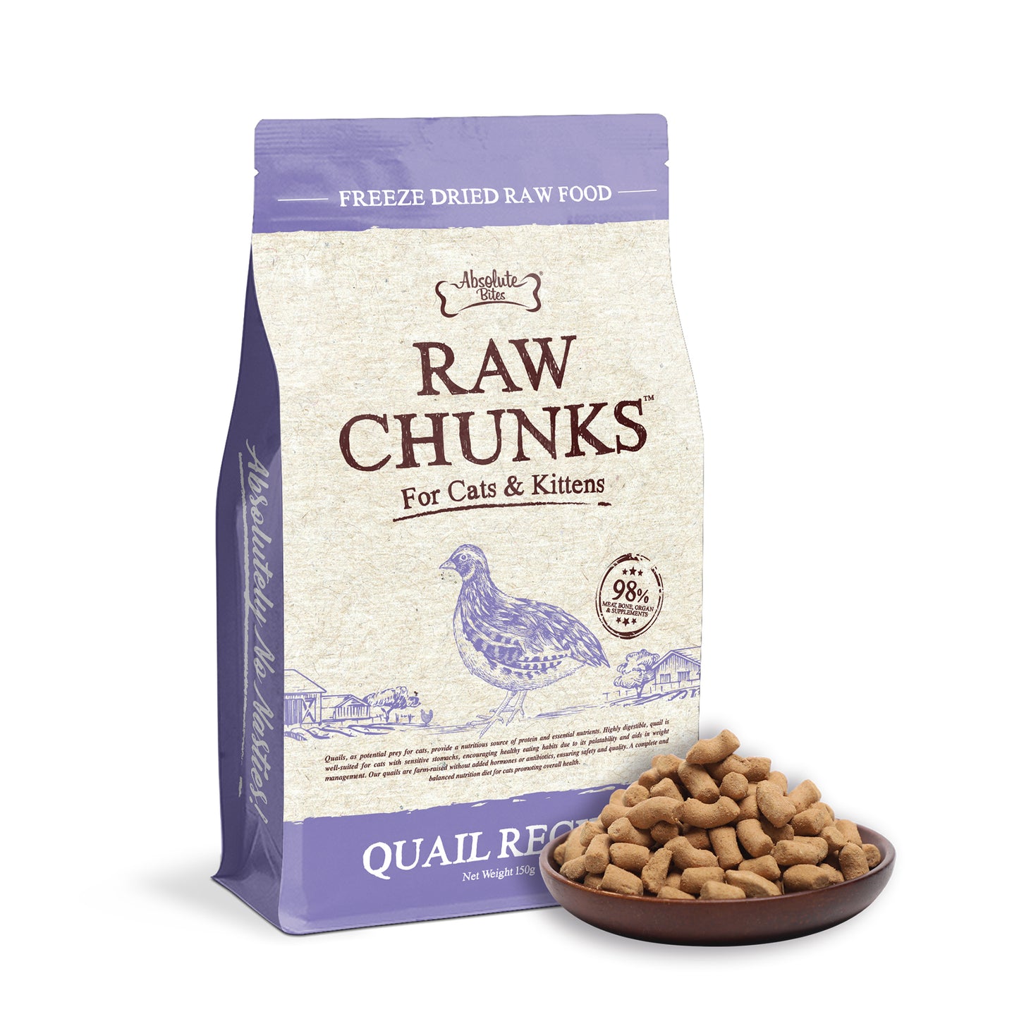 Absolute Bites Raw Chunks Freeze Dried Raw Quail Cat Food (2 sizes)