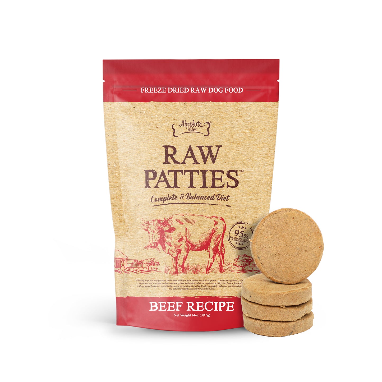 Absolute Bites Freeze Dried Raw Patties Beef Recipe Dog Food 14oz